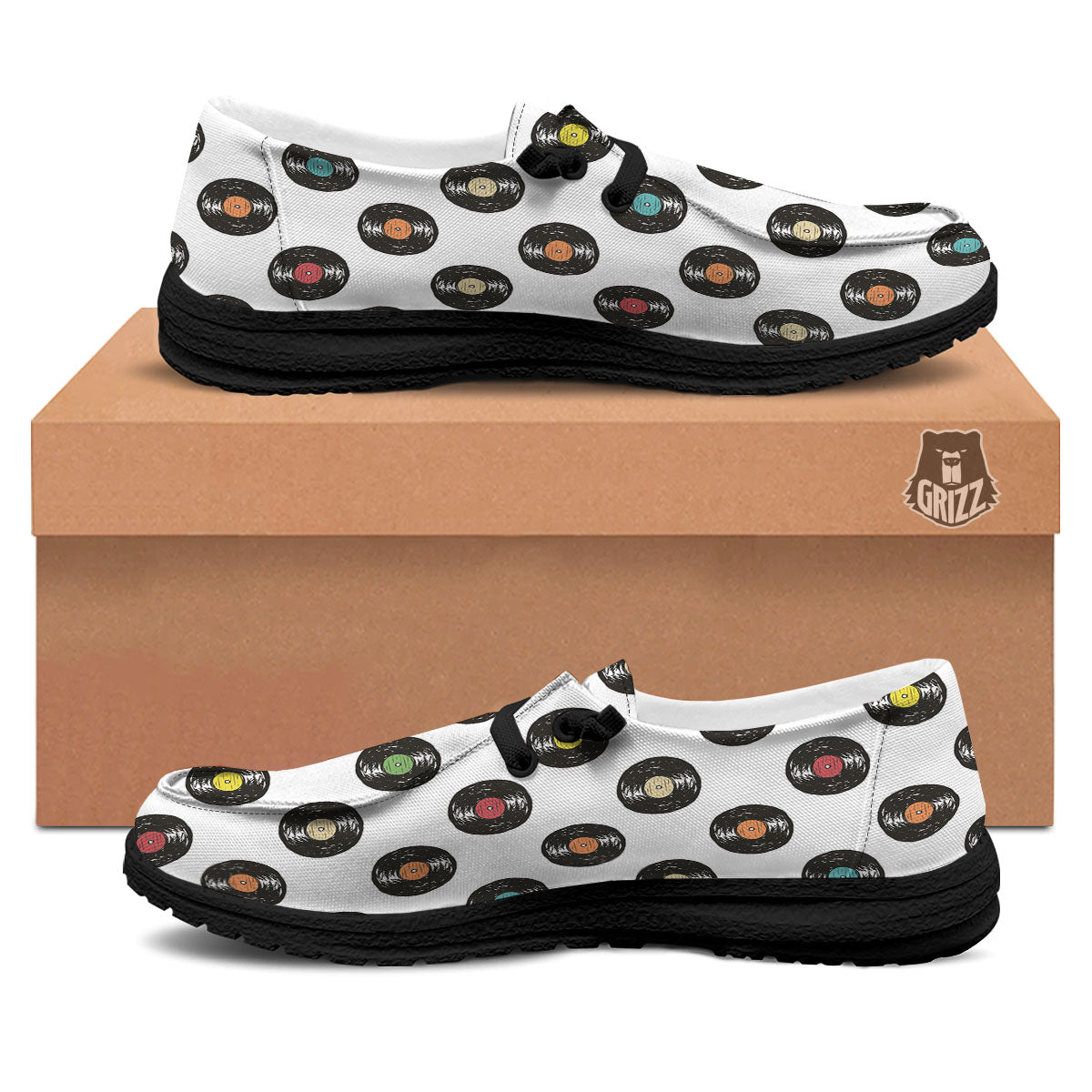 Vinyl Record Hand Drawn Print Pattern Black Loafers-grizzshop