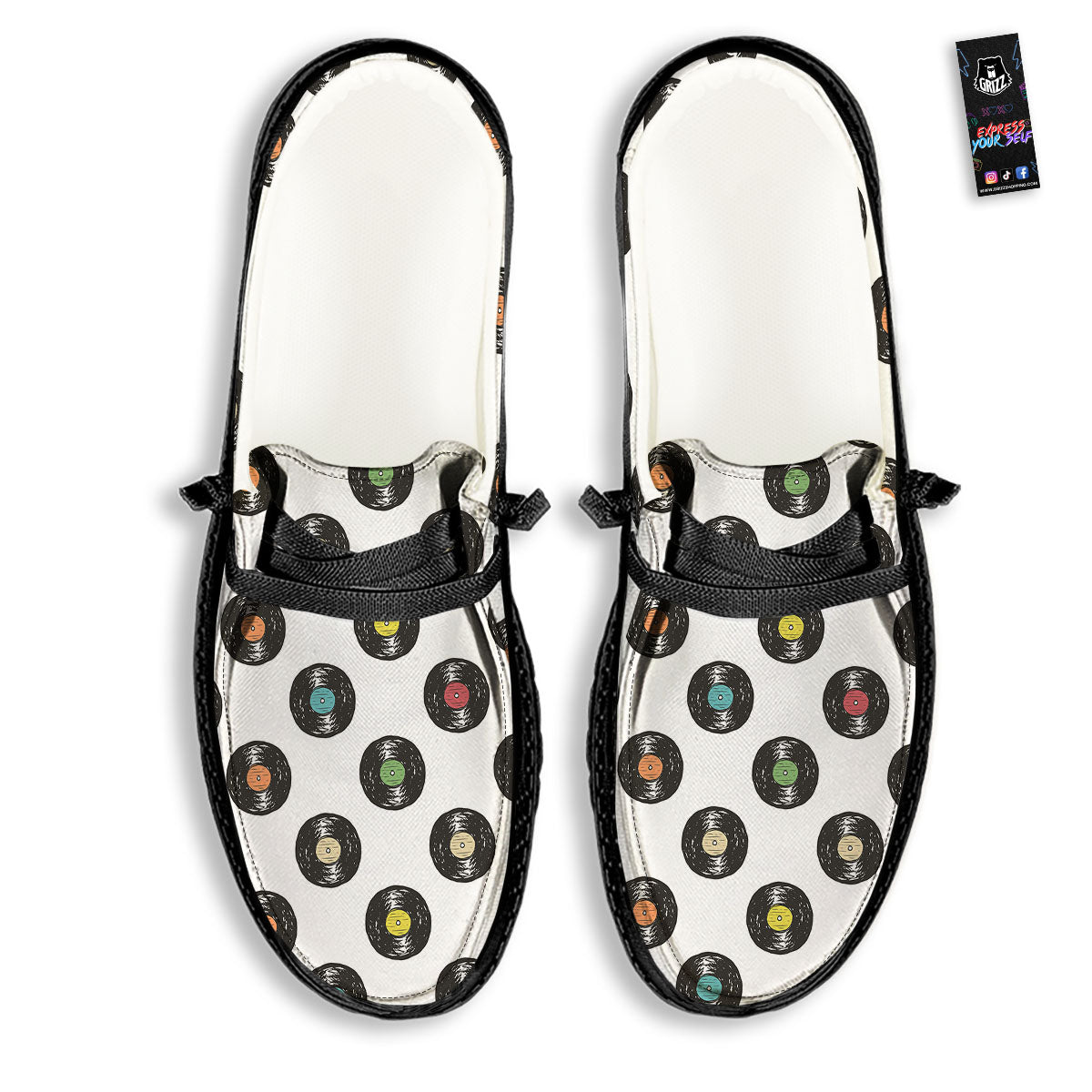 Vinyl Record Hand Drawn Print Pattern Black Loafers-grizzshop