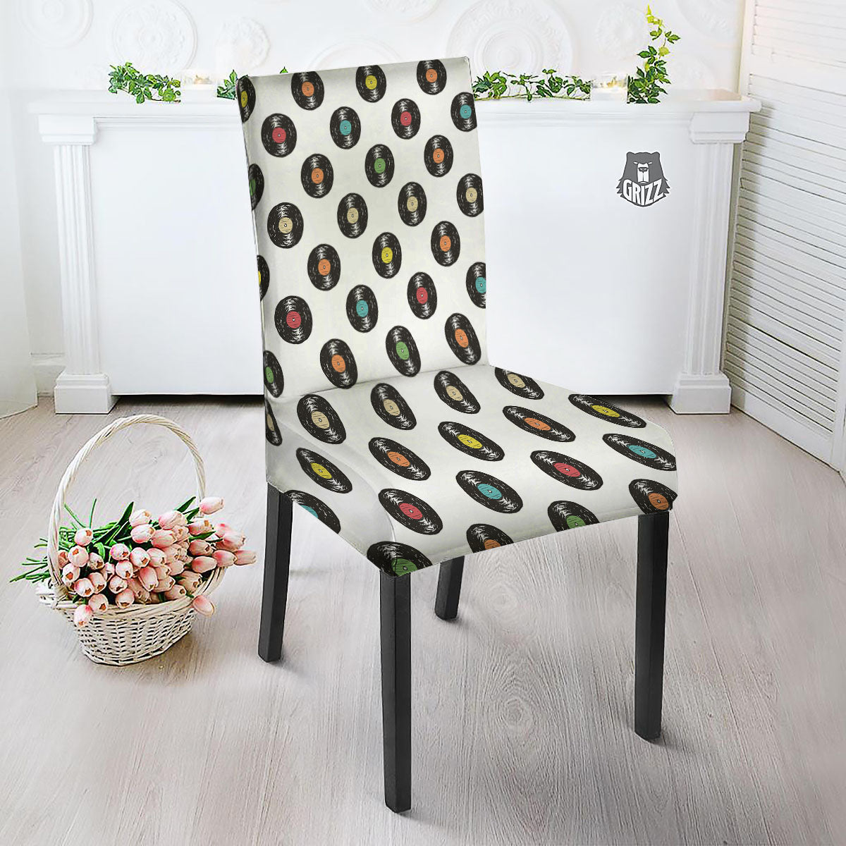 Vinyl Record Hand Drawn Print Pattern Dining Chair Slipcover-grizzshop
