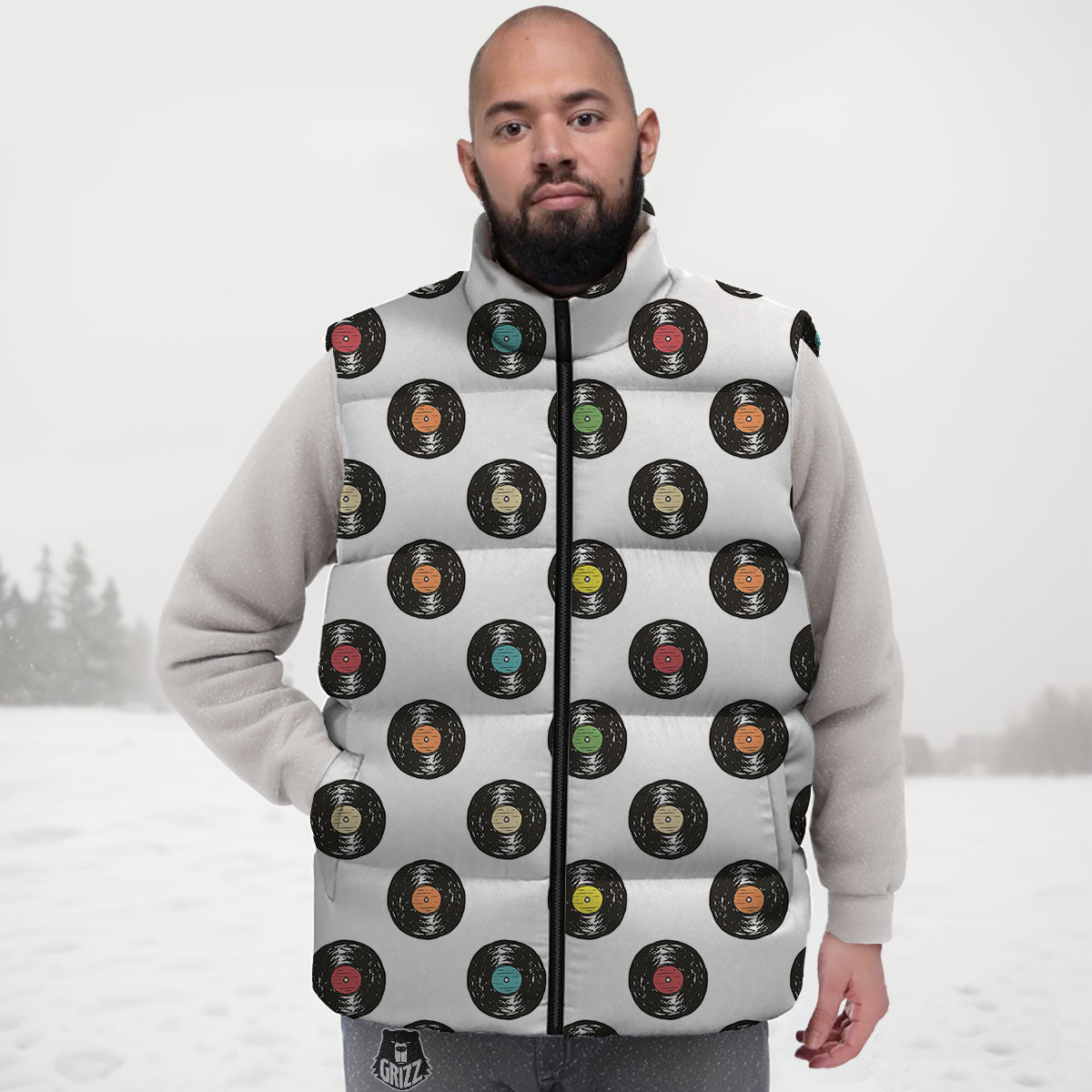 Vinyl Record Hand Drawn Print Pattern Down Vest-grizzshop
