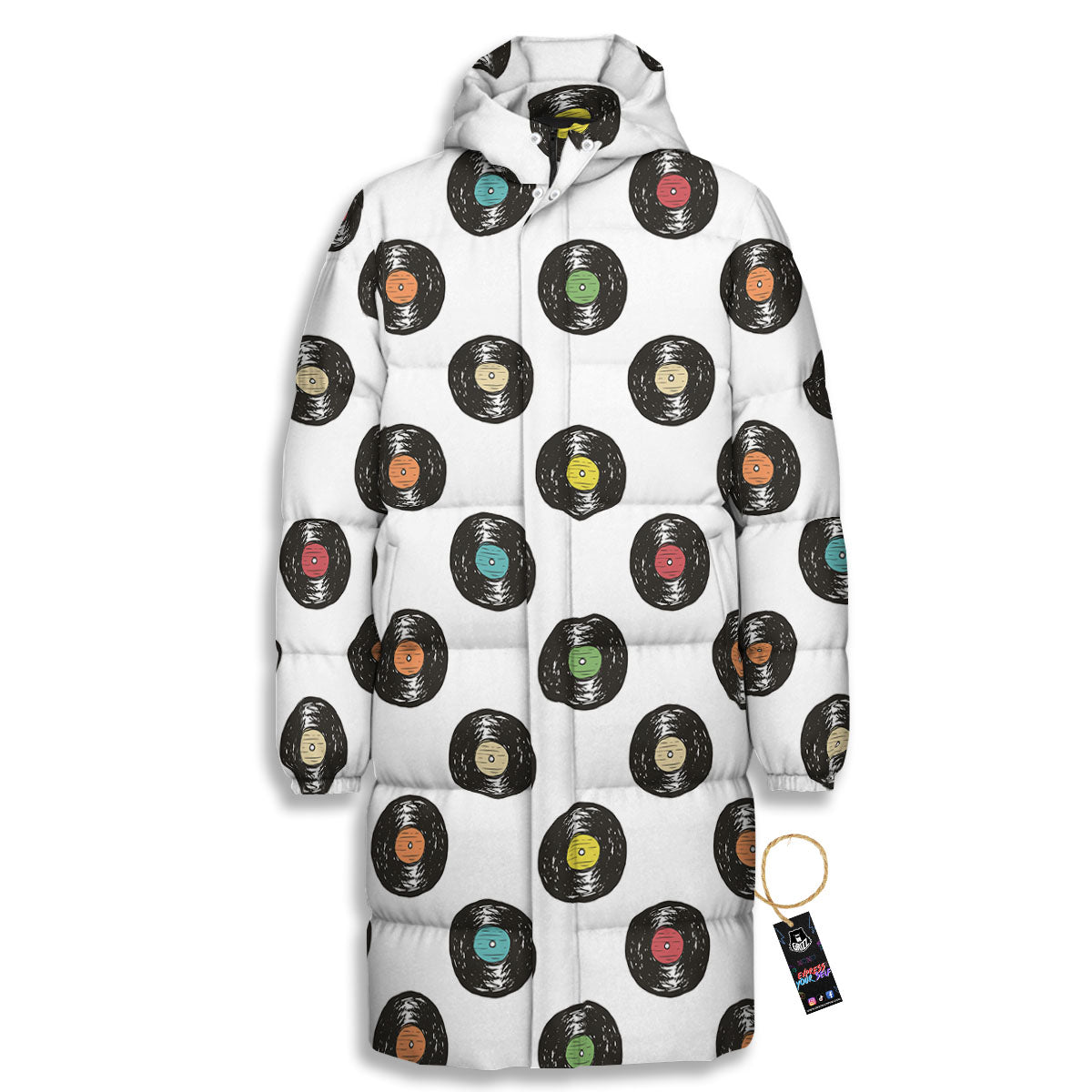 Vinyl Record Hand Drawn Print Pattern Long Down Jacket-grizzshop