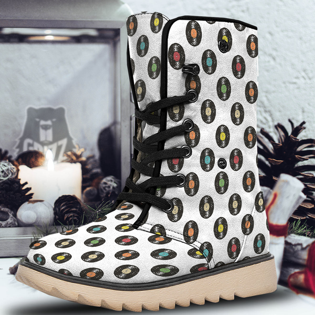 Vinyl Record Hand Drawn Print Pattern Snow Boots-grizzshop