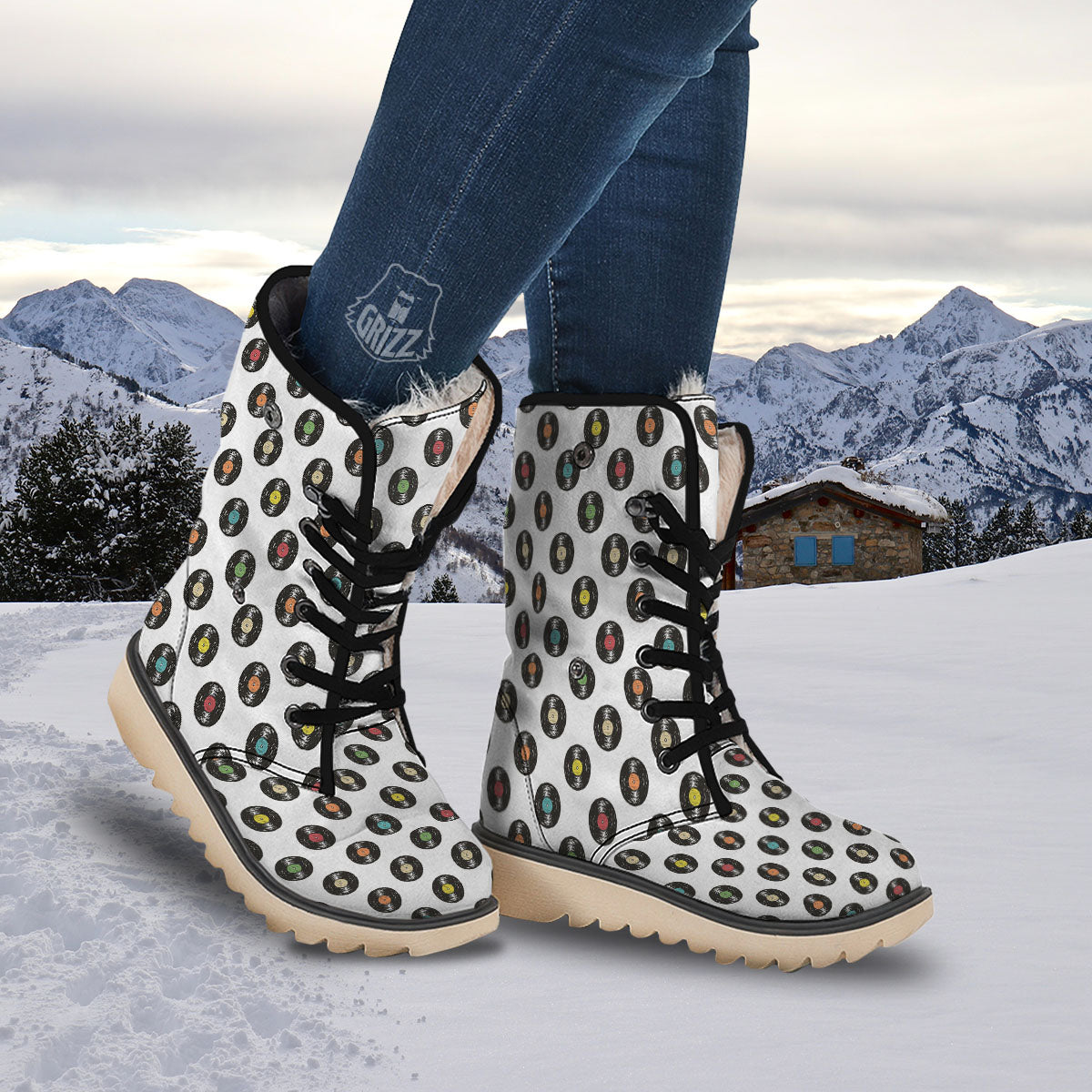 Vinyl Record Hand Drawn Print Pattern Snow Boots-grizzshop