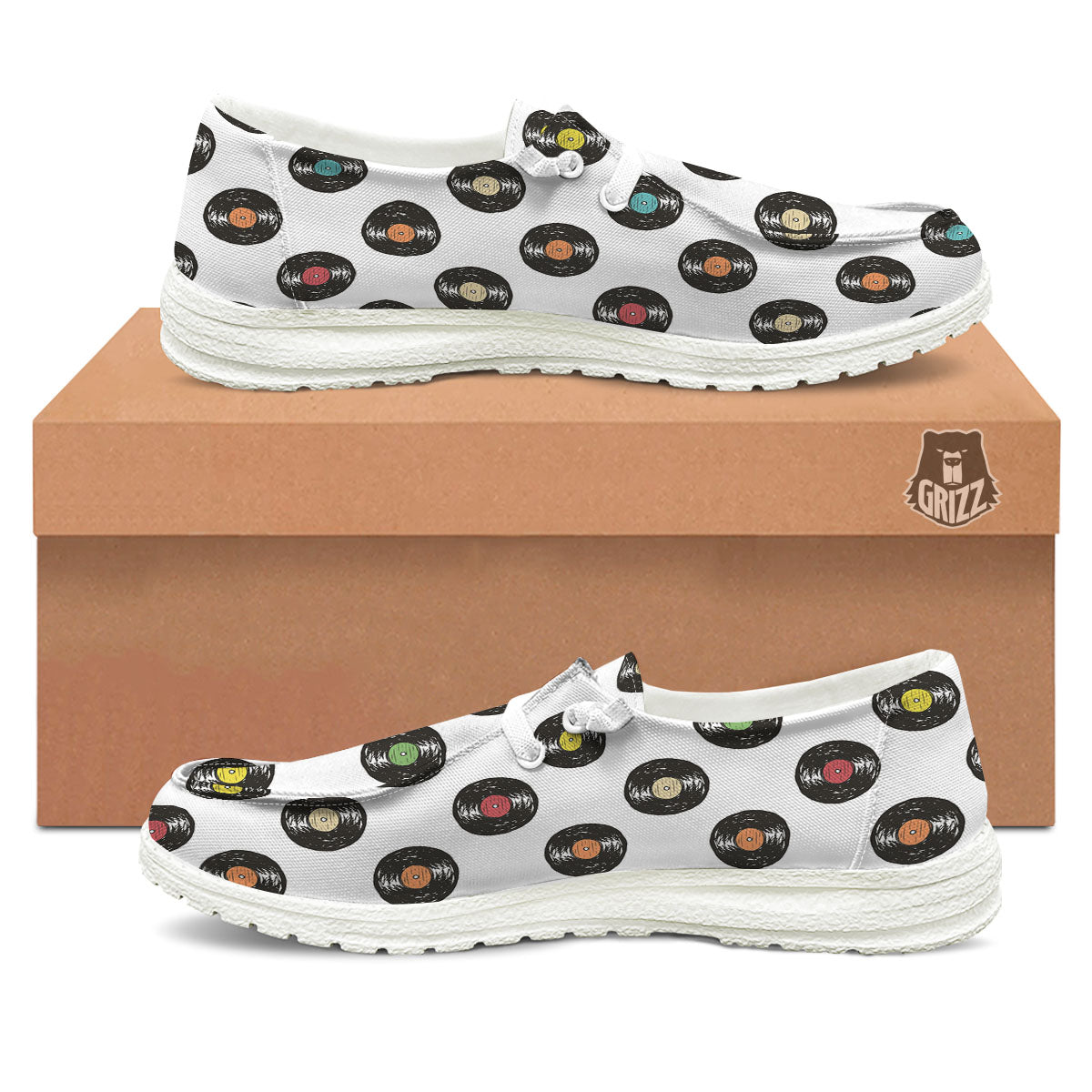 Vinyl Record Hand Drawn Print Pattern White Loafers-grizzshop