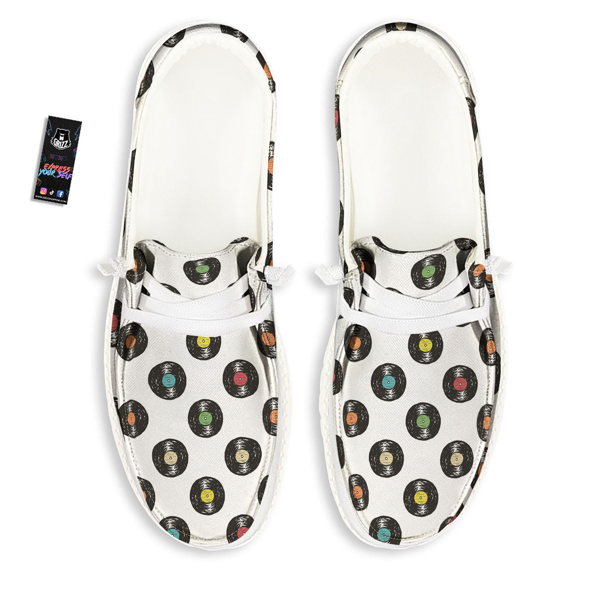 Vinyl Record Hand Drawn Print Pattern White Loafers-grizzshop
