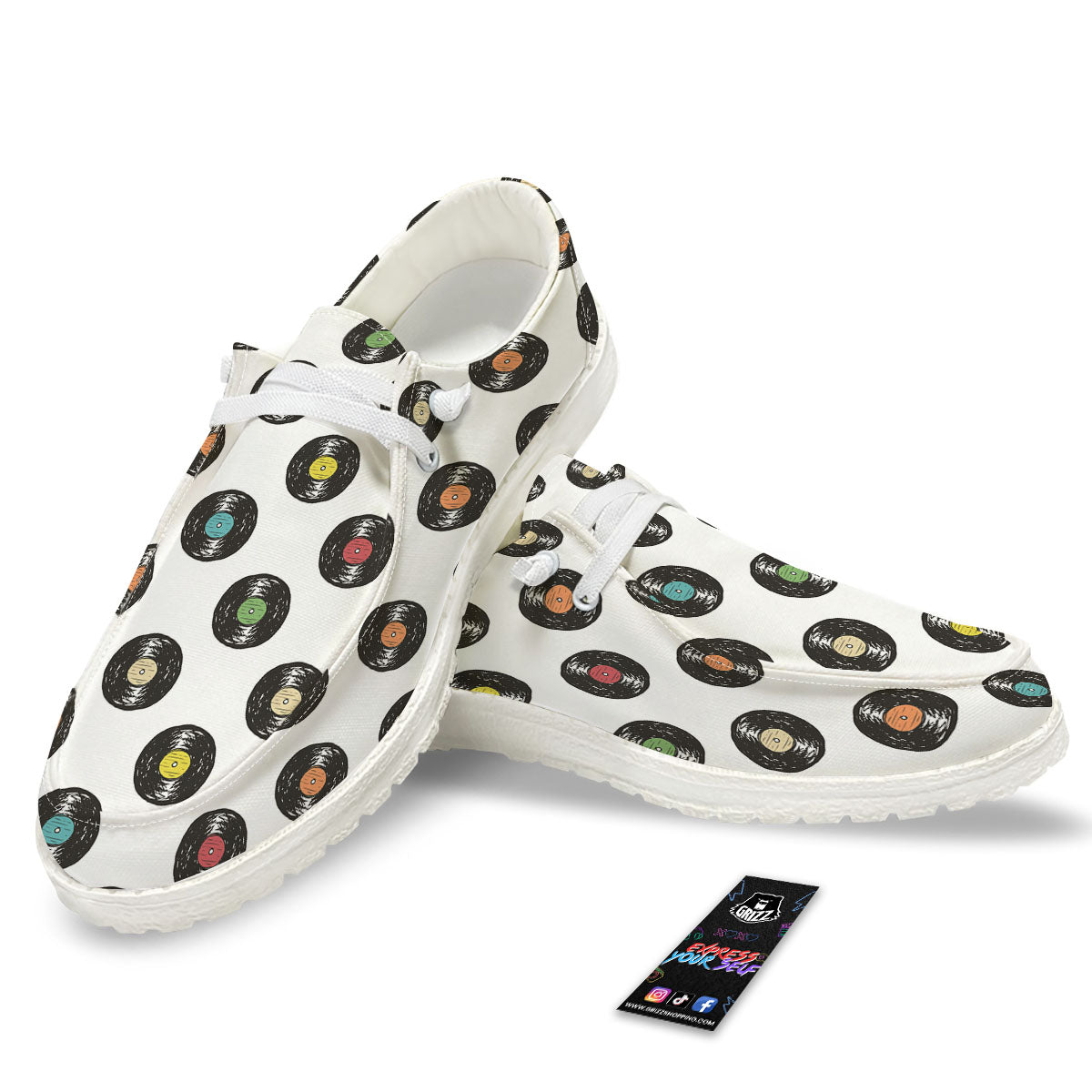 Vinyl Record Hand Drawn Print Pattern White Loafers-grizzshop