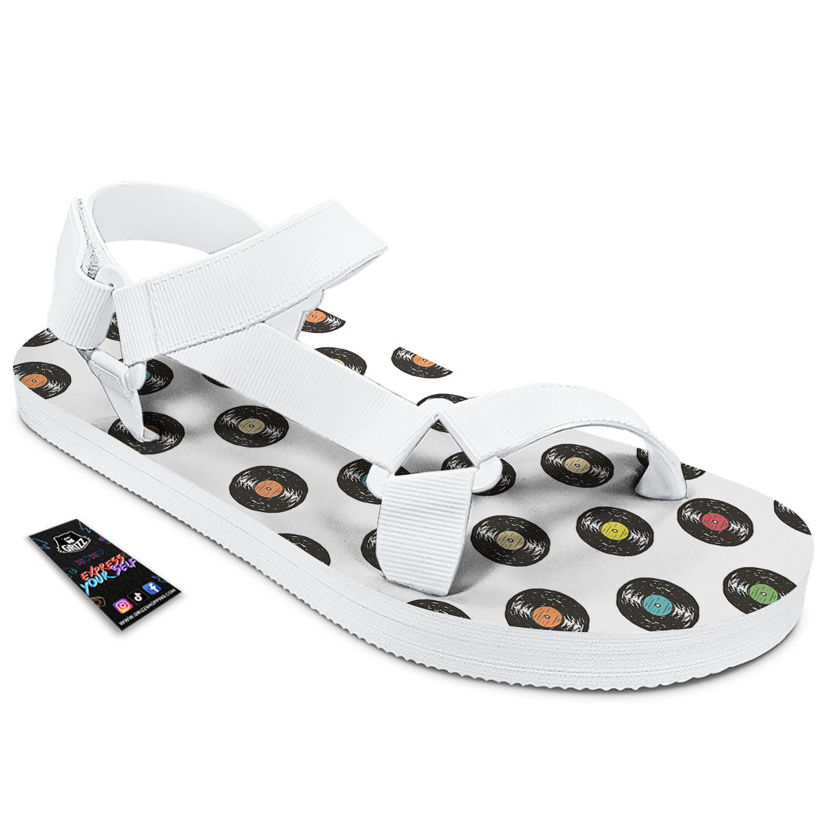 Vinyl Record Hand Drawn Print Pattern White Open Toe Sandals-grizzshop