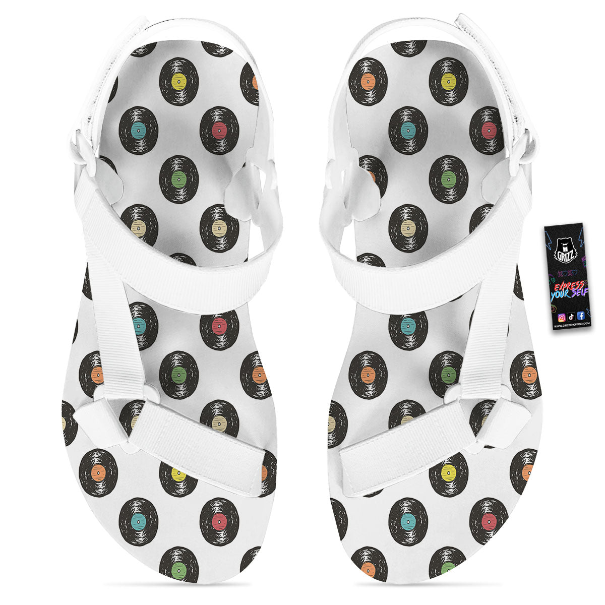 Vinyl Record Hand Drawn Print Pattern White Open Toe Sandals-grizzshop