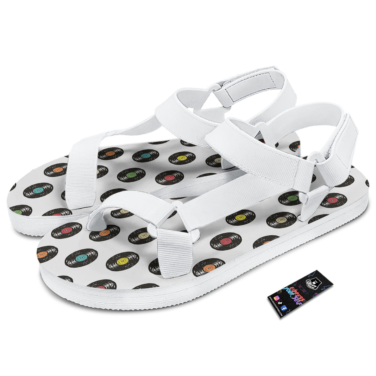 Vinyl Record Hand Drawn Print Pattern White Open Toe Sandals-grizzshop