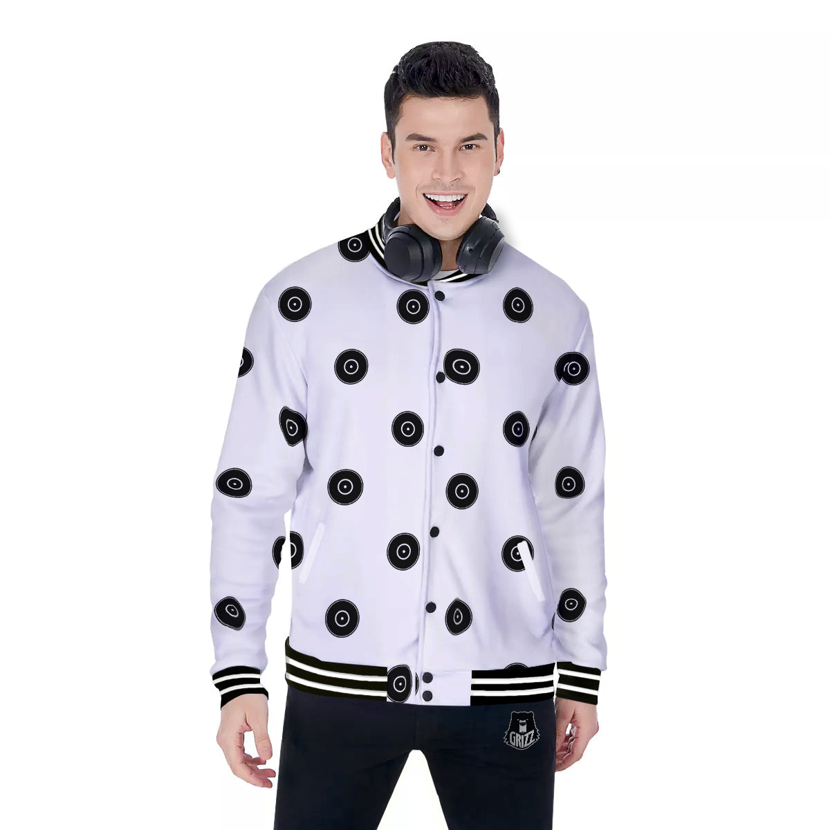 Vinyl White And Black Print Pattern Baseball Jacket-grizzshop