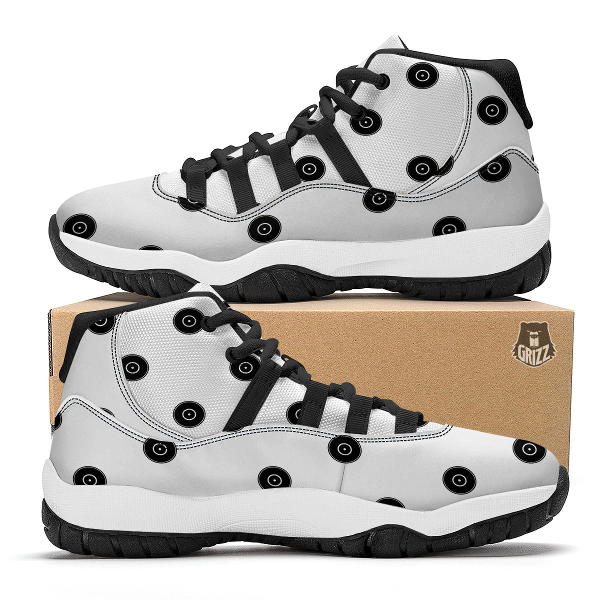 Vinyl White And Black Print Pattern Black Bball Shoes-grizzshop
