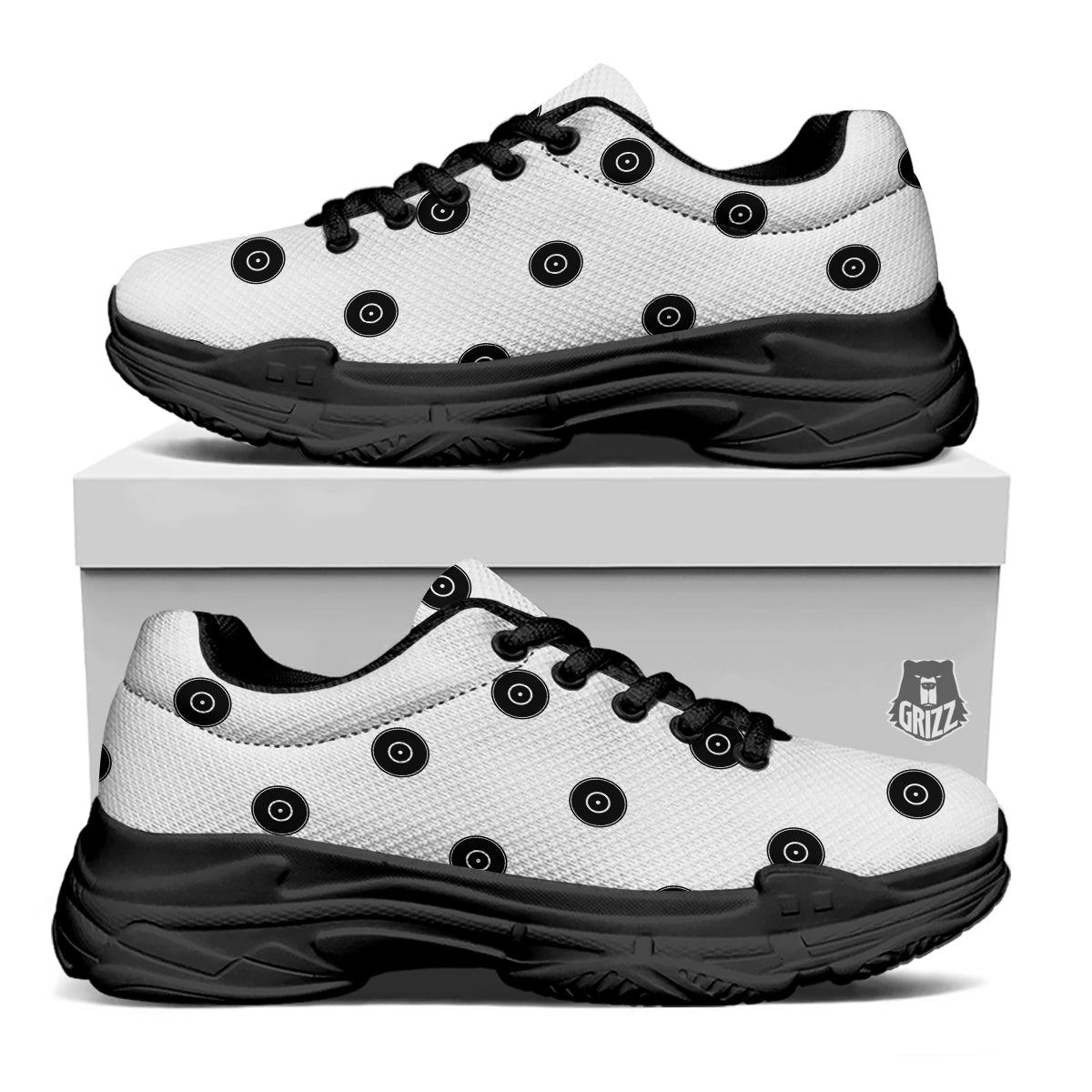 Vinyl White And Black Print Pattern Black Chunky Shoes-grizzshop