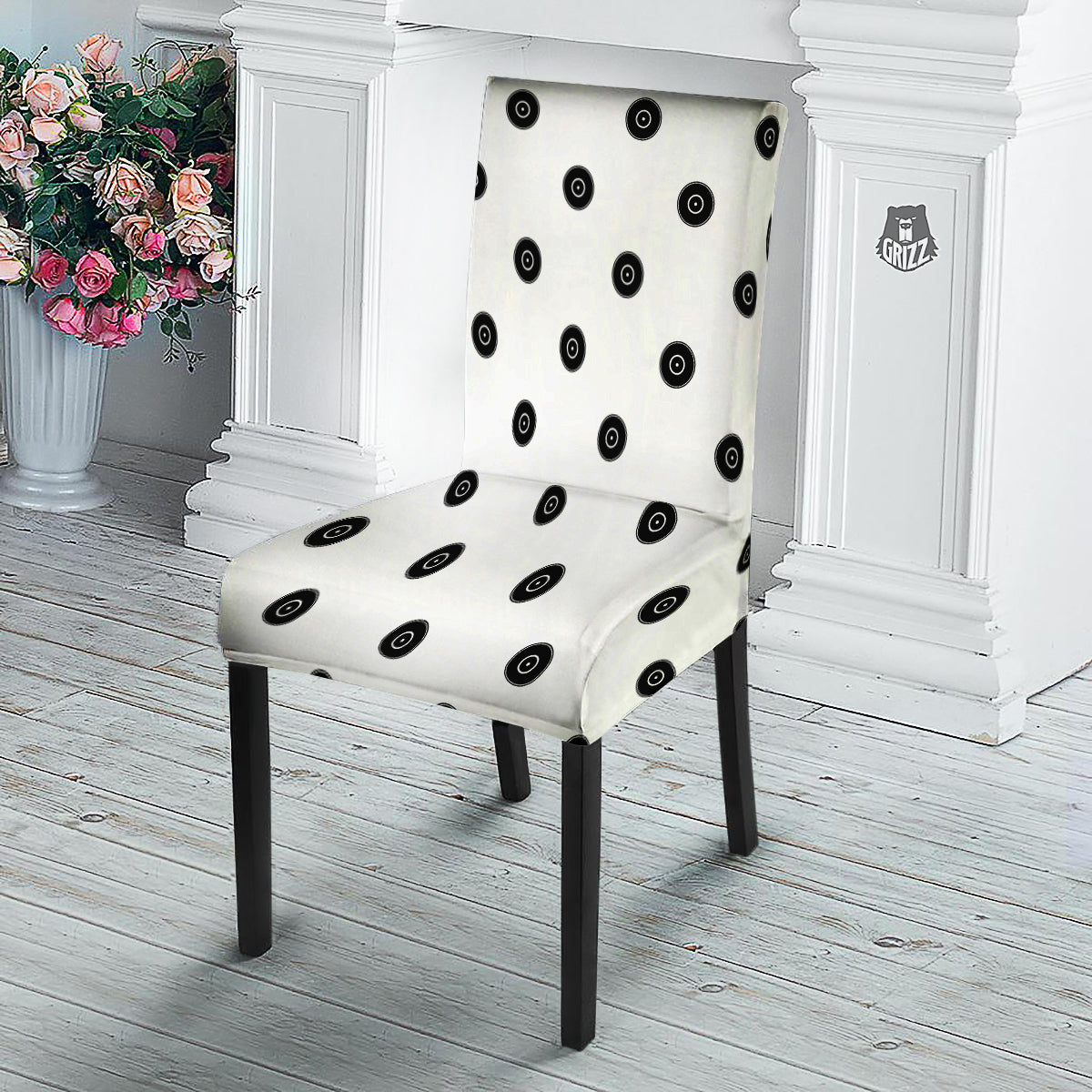 Vinyl White And Black Print Pattern Dining Chair Slipcover-grizzshop