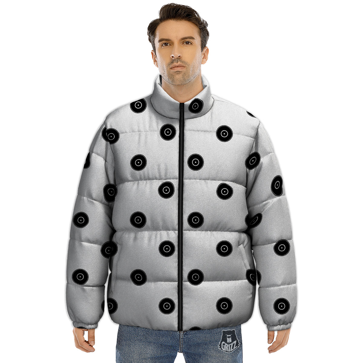 Vinyl White And Black Print Pattern Puffer Jacket-grizzshop