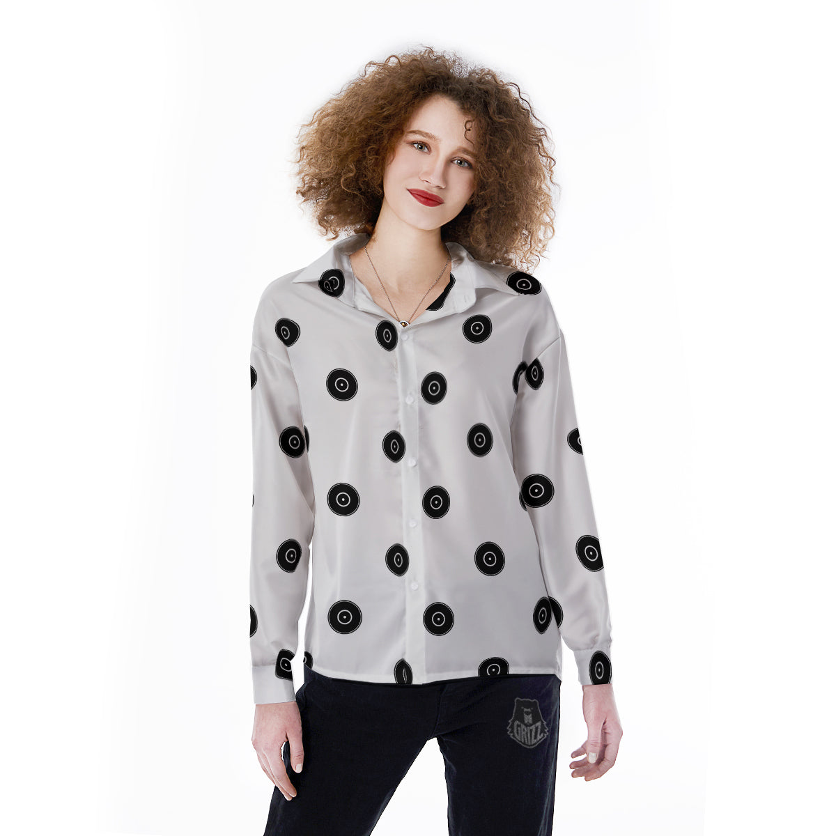 Vinyl White And Black Print Pattern Women's Long Sleeve Shirts-grizzshop