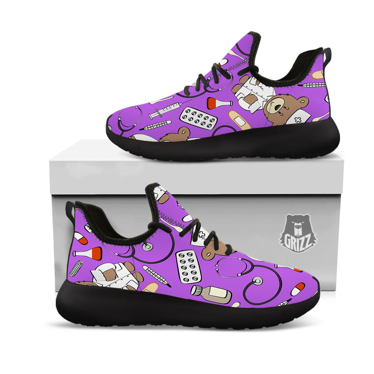 Violet Teddy Bear Nurse Black Athletic Shoes-grizzshop