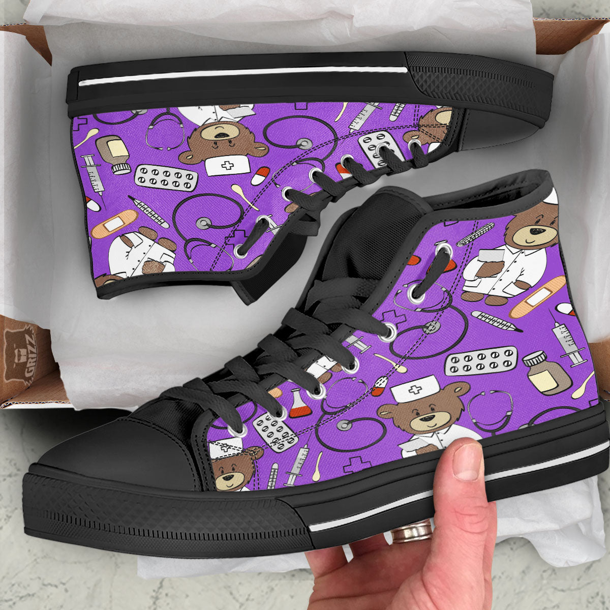 Violet Teddy Bear Nurse Black High Top Shoes-grizzshop