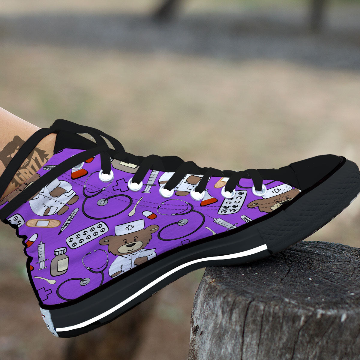 Violet Teddy Bear Nurse Black High Top Shoes-grizzshop