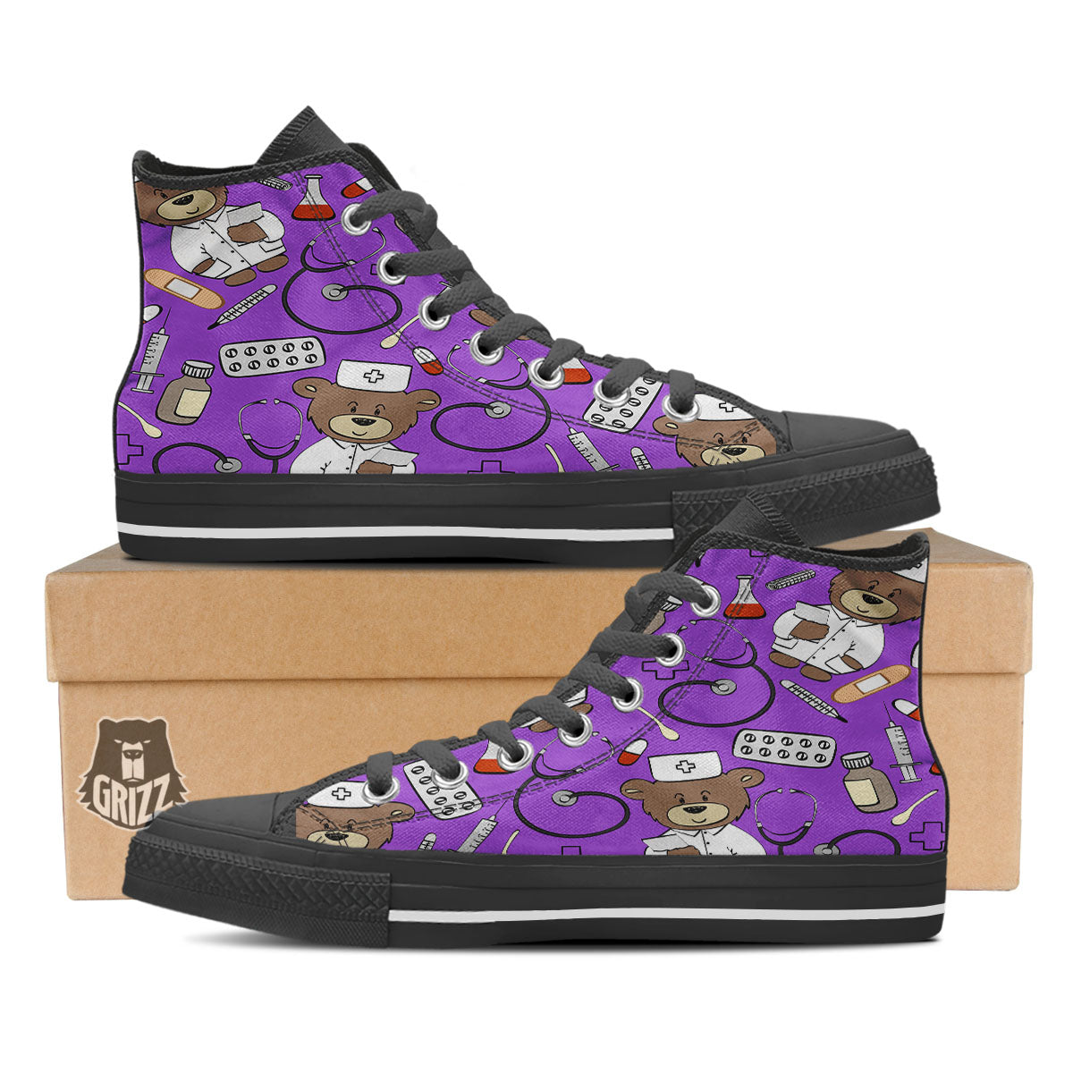 Violet Teddy Bear Nurse Black High Top Shoes-grizzshop
