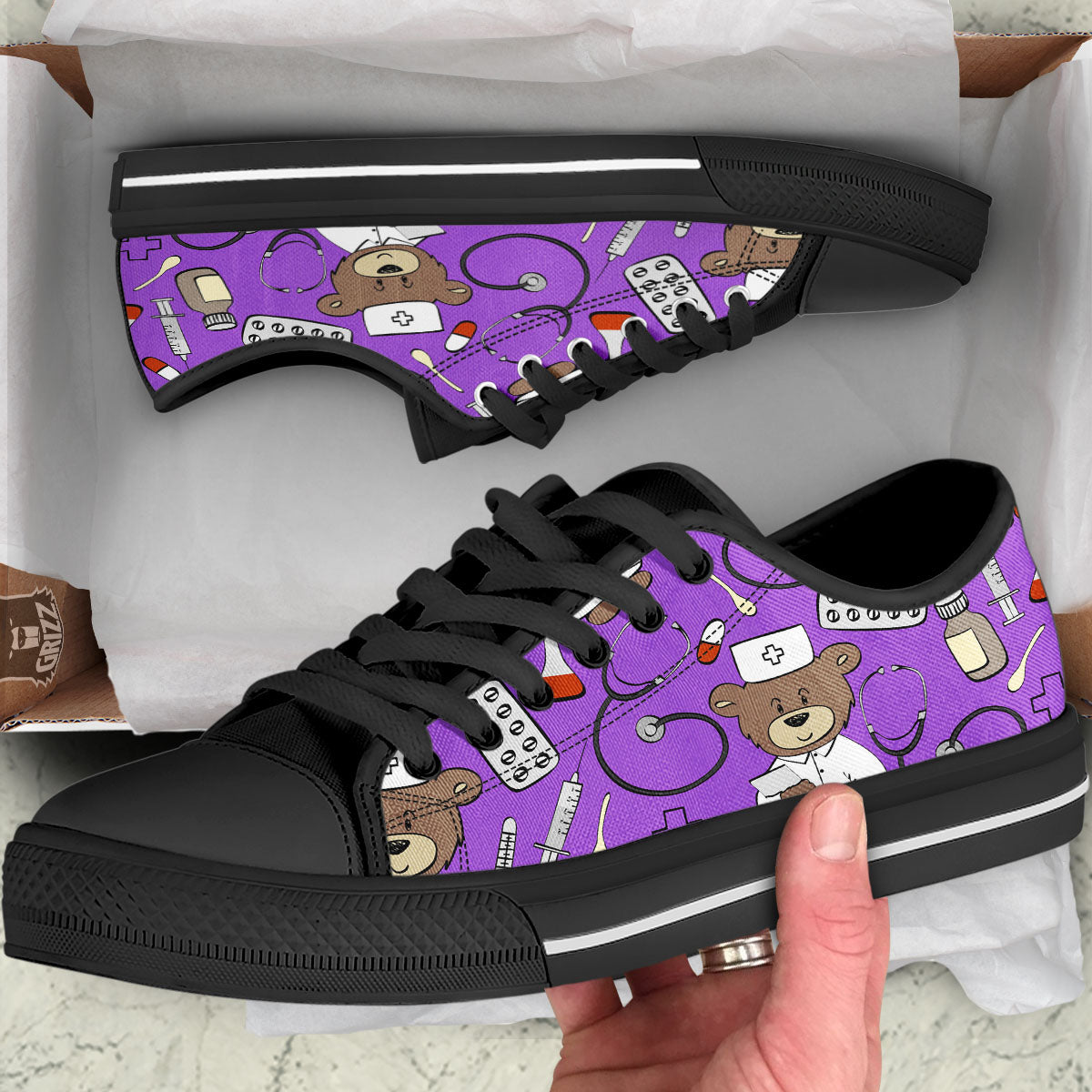 Violet Teddy Bear Nurse Black Low Top Shoes-grizzshop