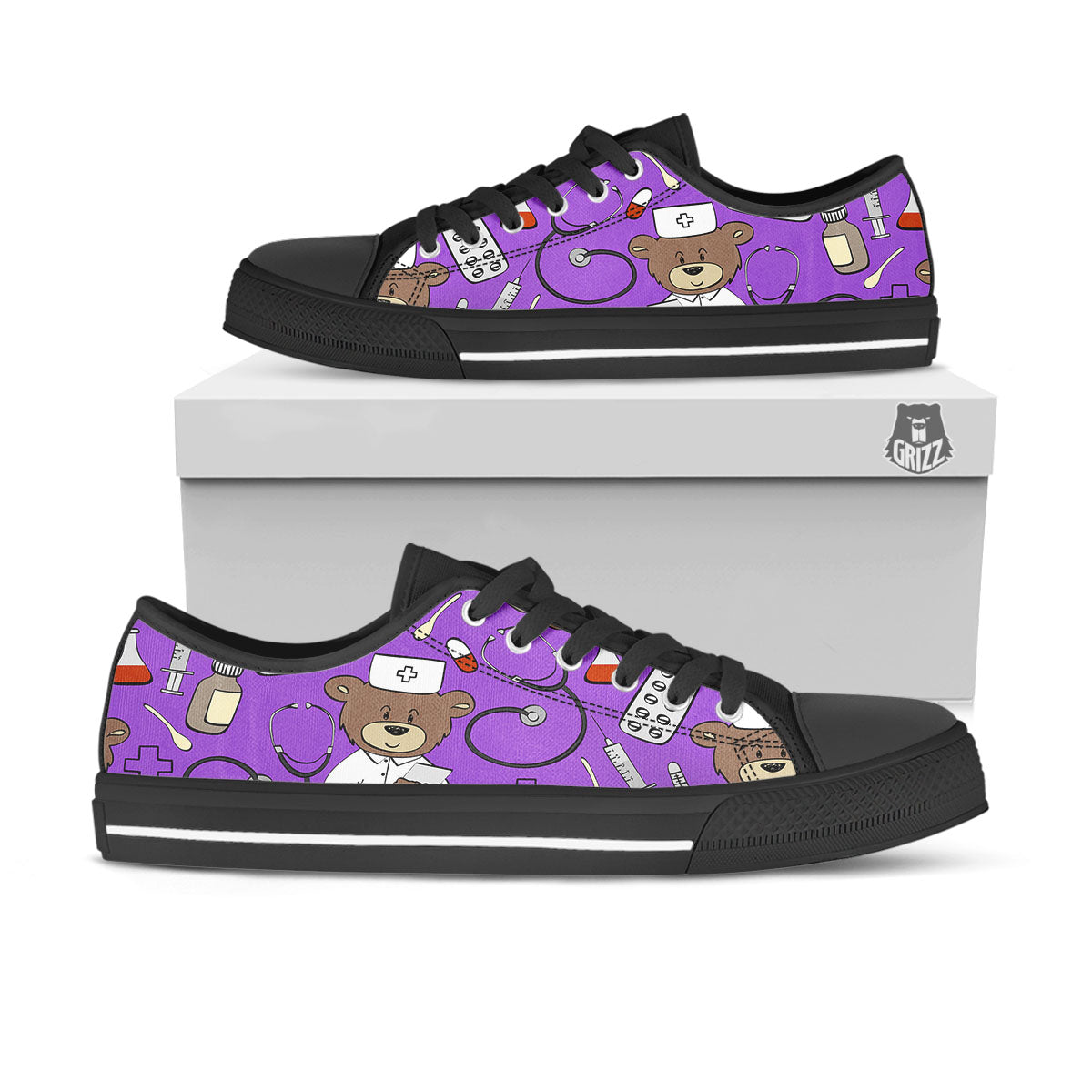 Violet Teddy Bear Nurse Black Low Top Shoes-grizzshop