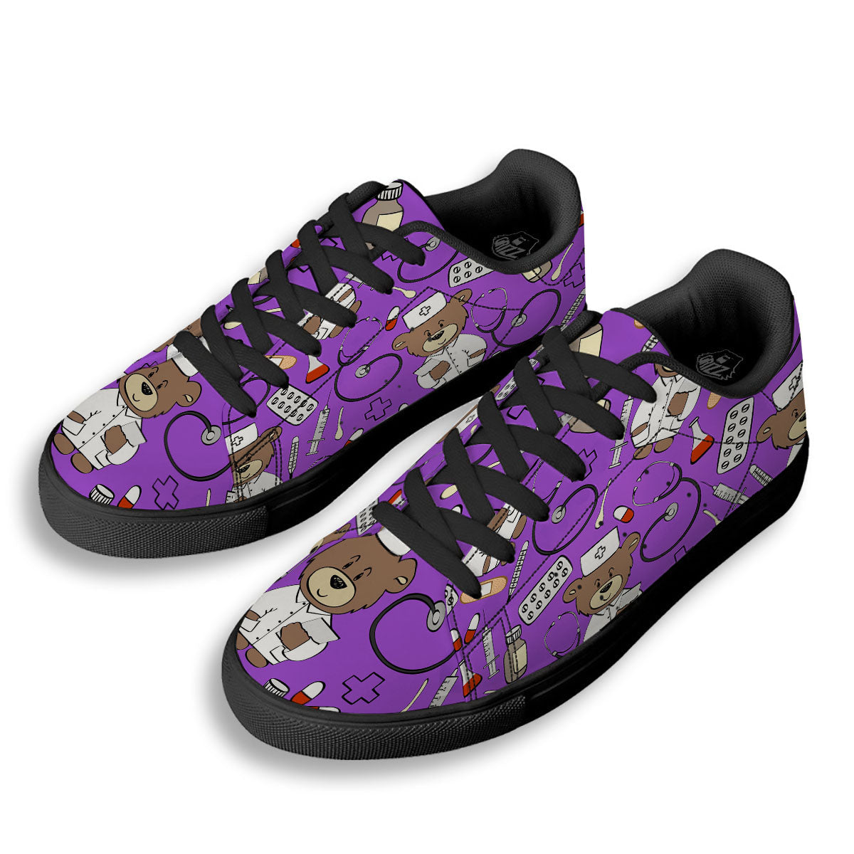 Violet Teddy Bear Nurse Black Low Top Sneakers-grizzshop