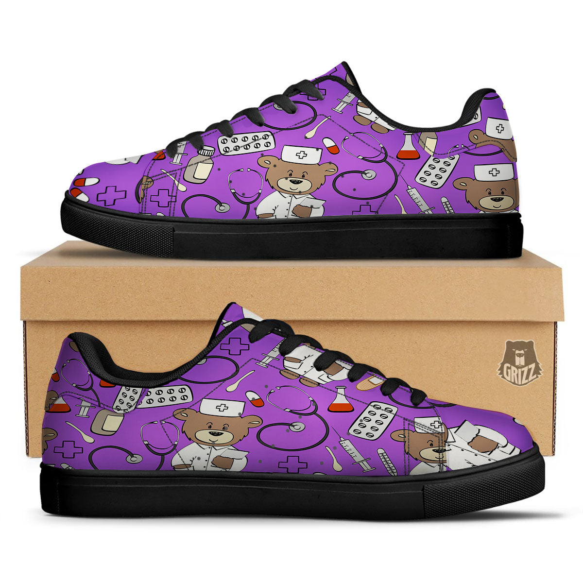 Violet Teddy Bear Nurse Black Low Top Sneakers-grizzshop
