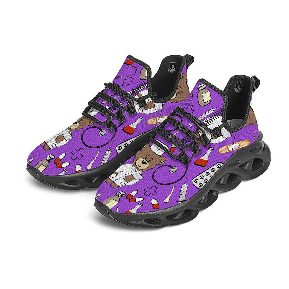 Violet Teddy Bear Nurse Black Running Shoes-grizzshop