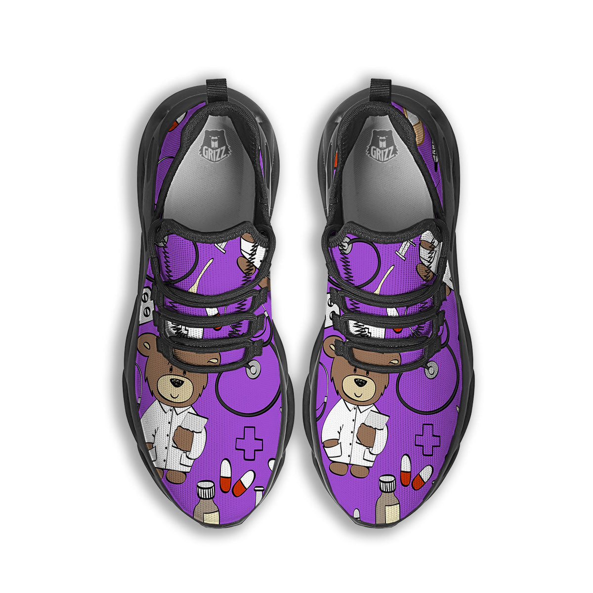 Violet Teddy Bear Nurse Black Running Shoes-grizzshop