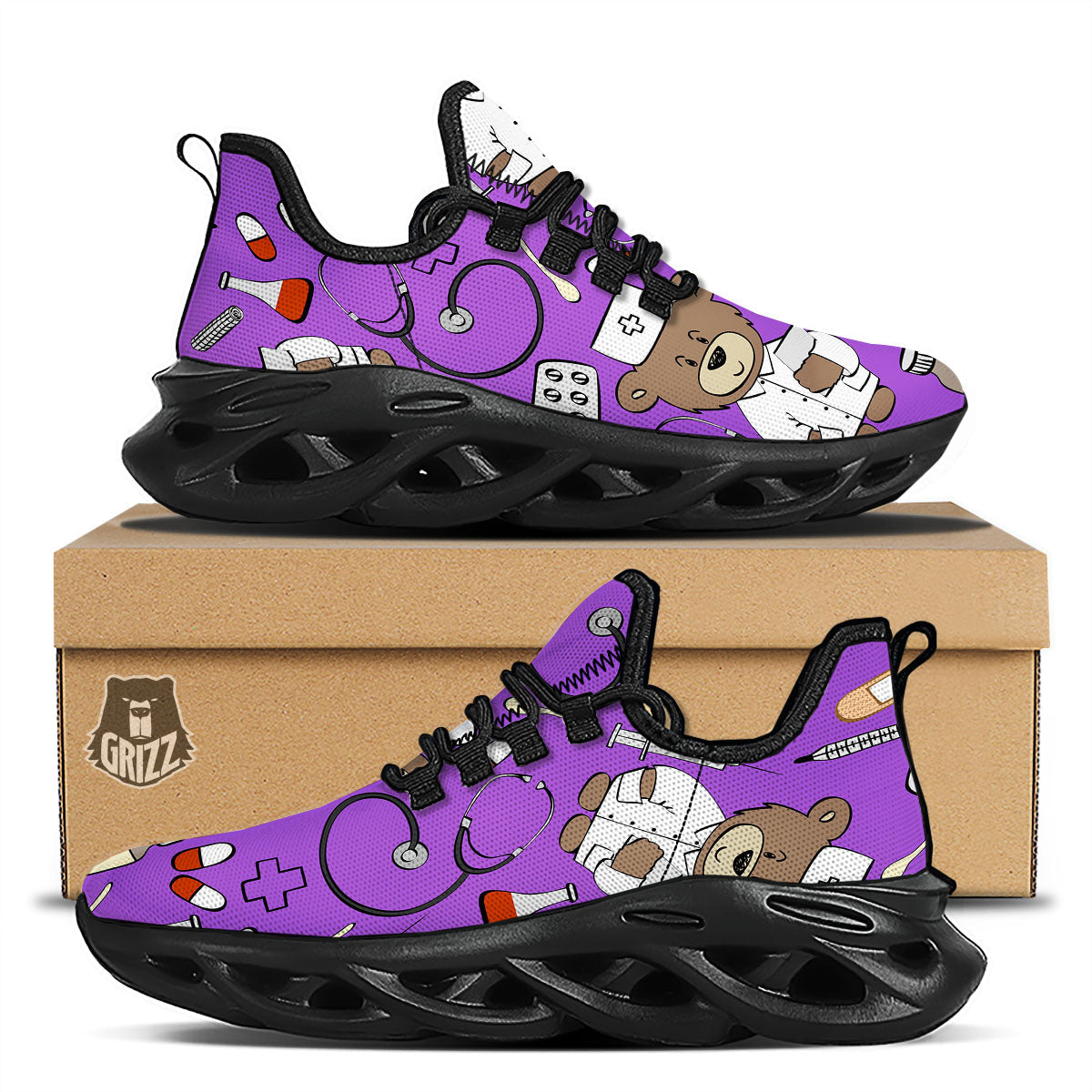 Violet Teddy Bear Nurse Black Running Shoes-grizzshop