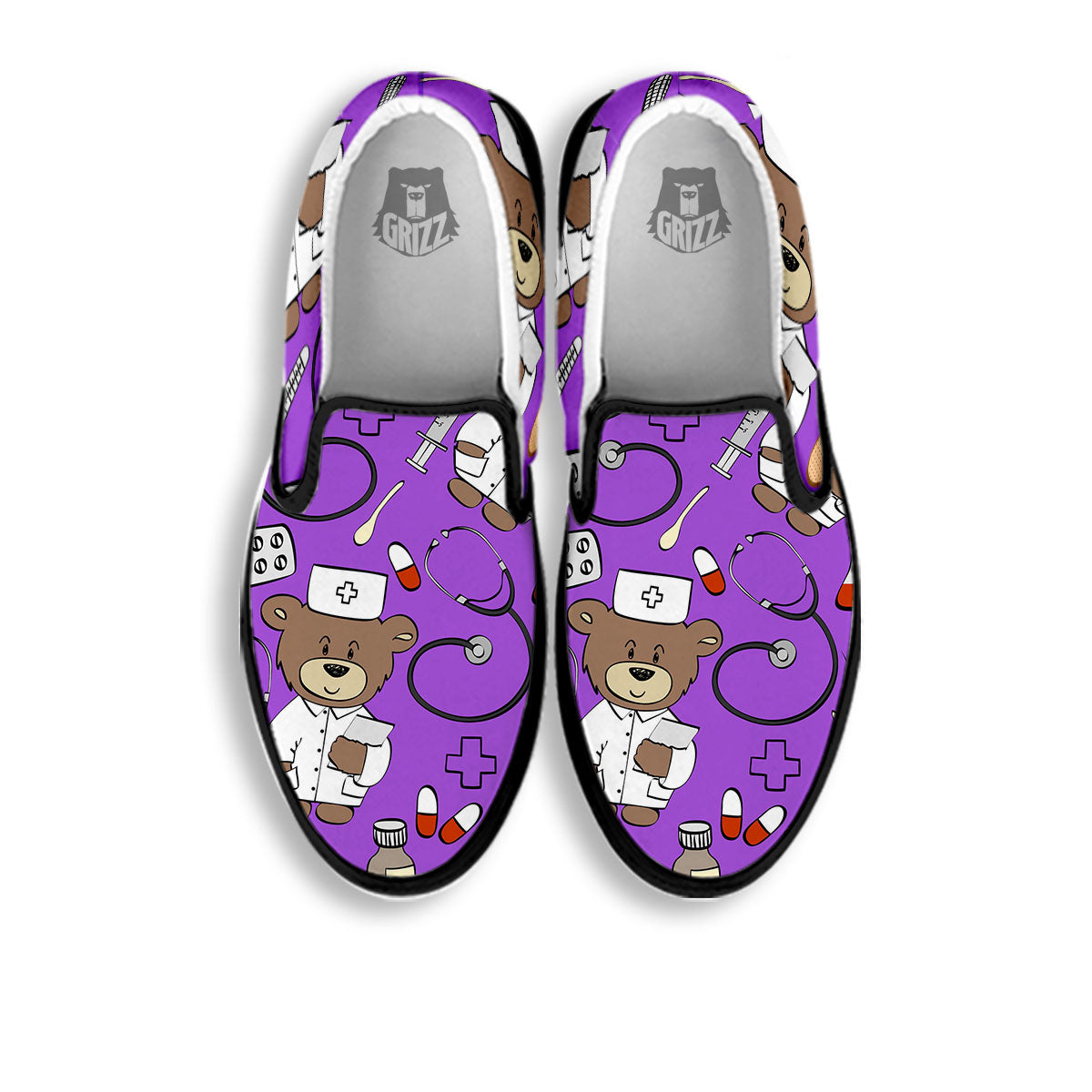 Violet Teddy Bear Nurse Black Slip On Shoes-grizzshop