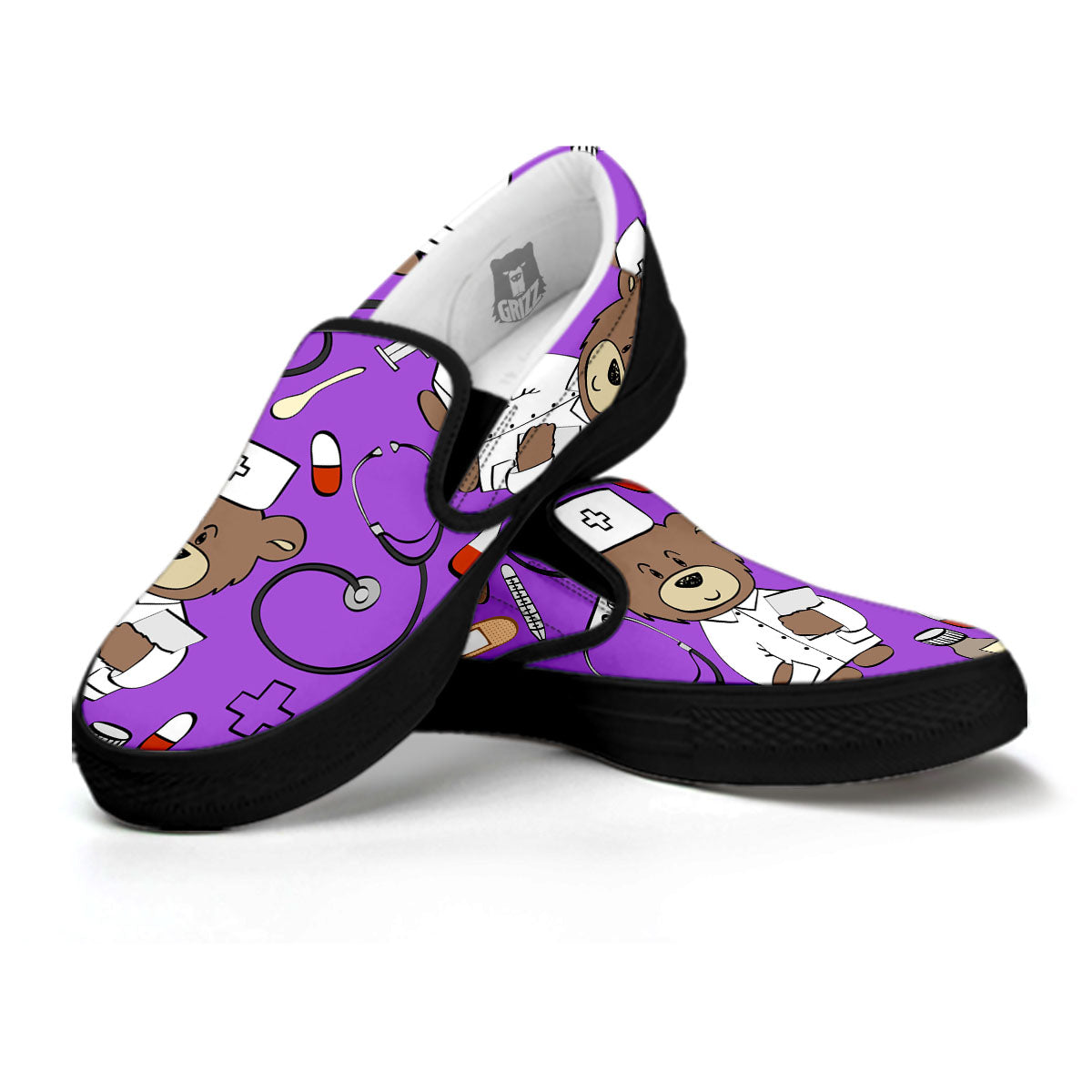 Violet Teddy Bear Nurse Black Slip On Shoes-grizzshop