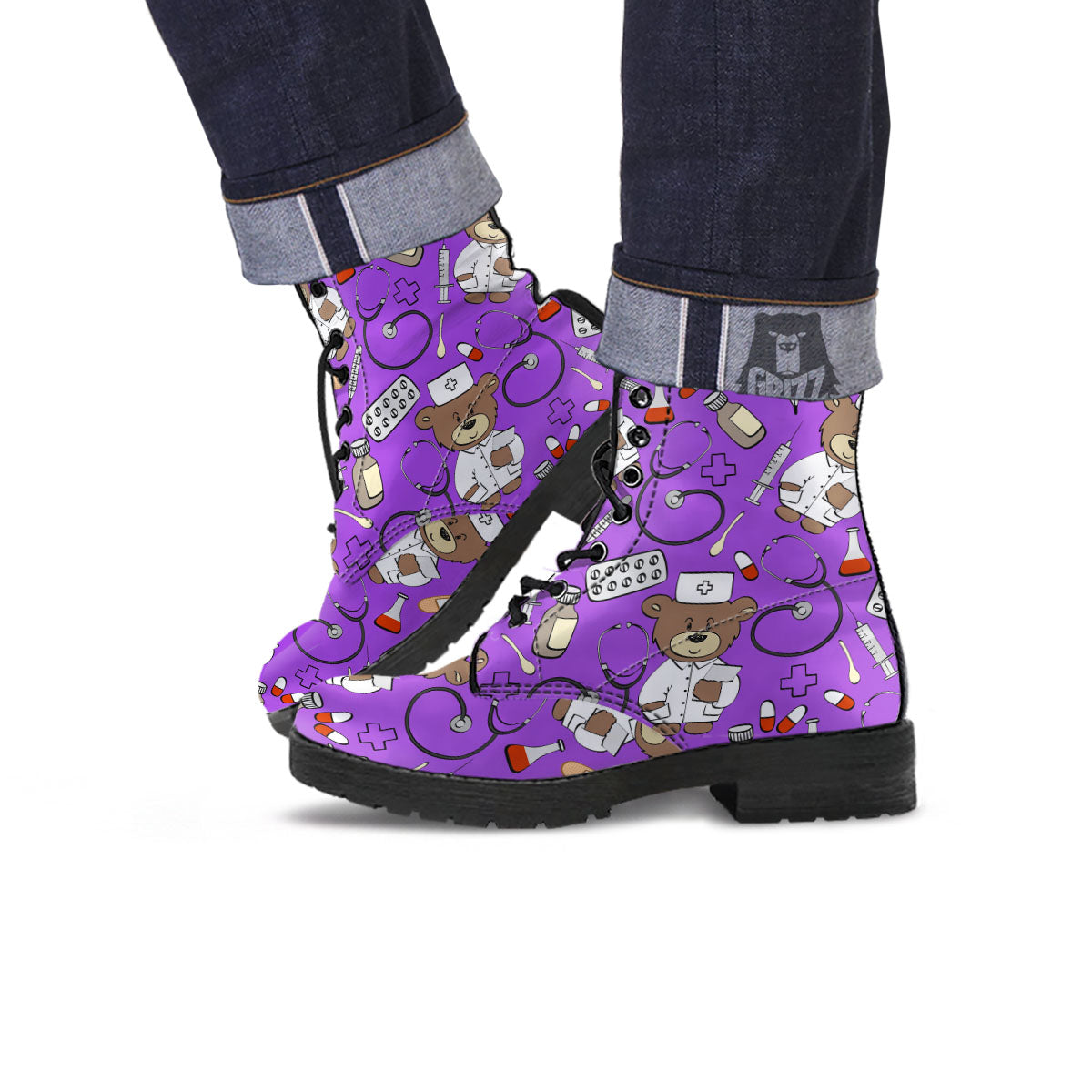 Violet Teddy Bear Nurse Leather Boots-grizzshop
