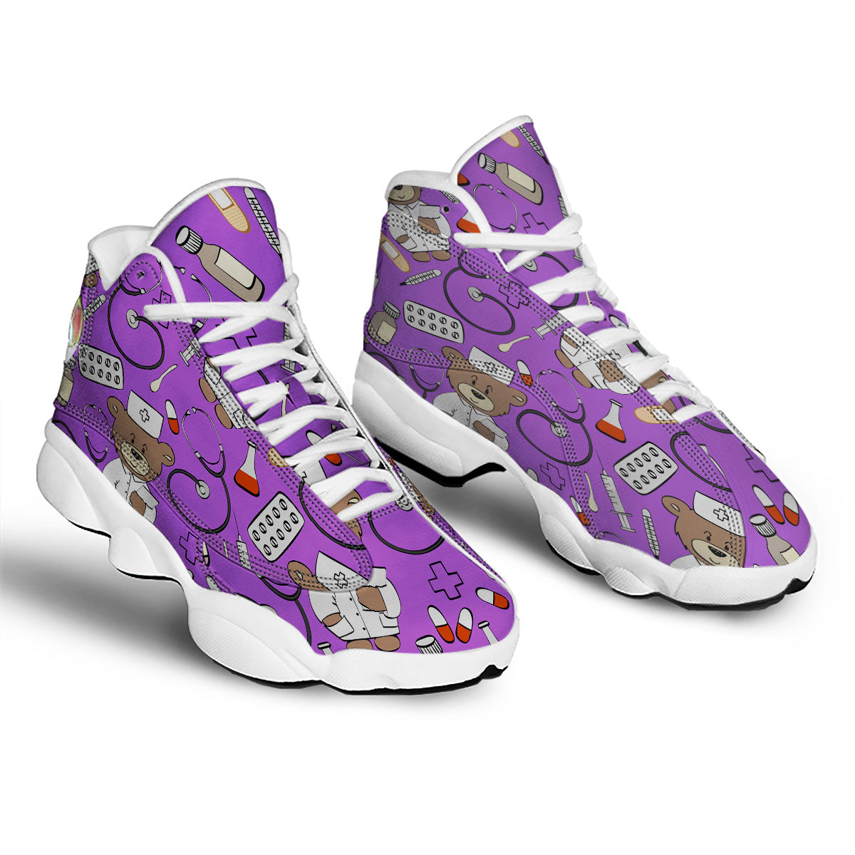 Violet Teddy Bear Nurse White Basketball Shoes-grizzshop