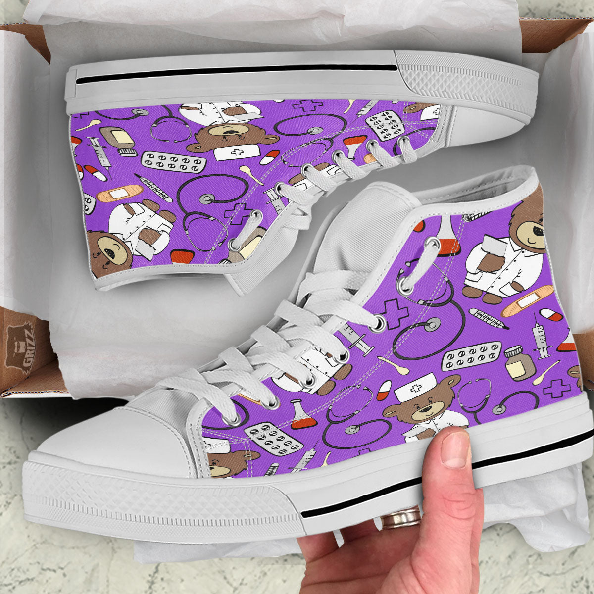 Violet Teddy Bear Nurse White High Top Shoes-grizzshop