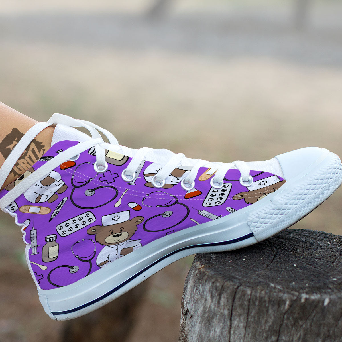 Violet Teddy Bear Nurse White High Top Shoes-grizzshop