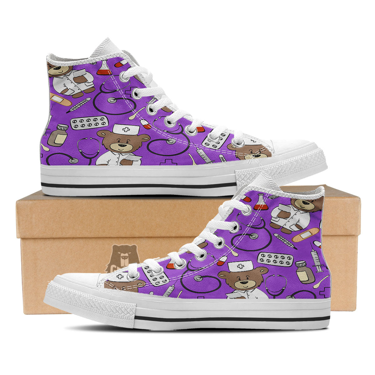Violet Teddy Bear Nurse White High Top Shoes-grizzshop