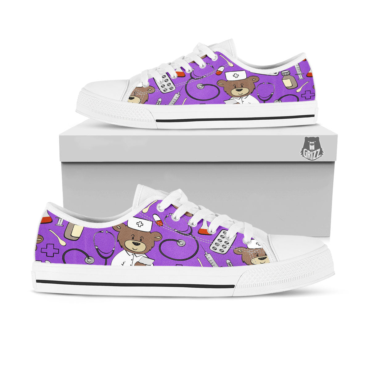 Violet Teddy Bear Nurse White Low Top Shoes-grizzshop
