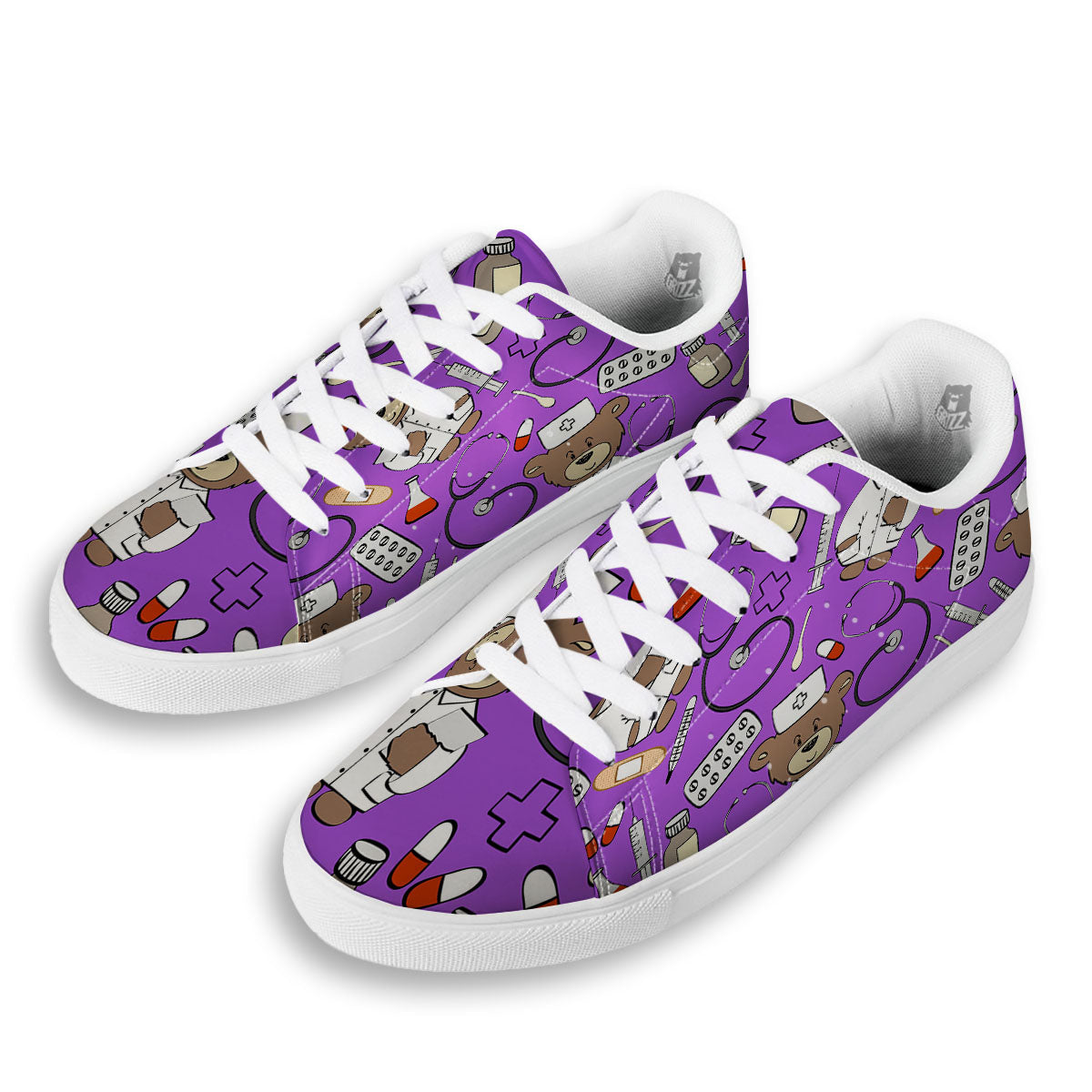 Violet Teddy Bear Nurse White Low Top Sneakers-grizzshop