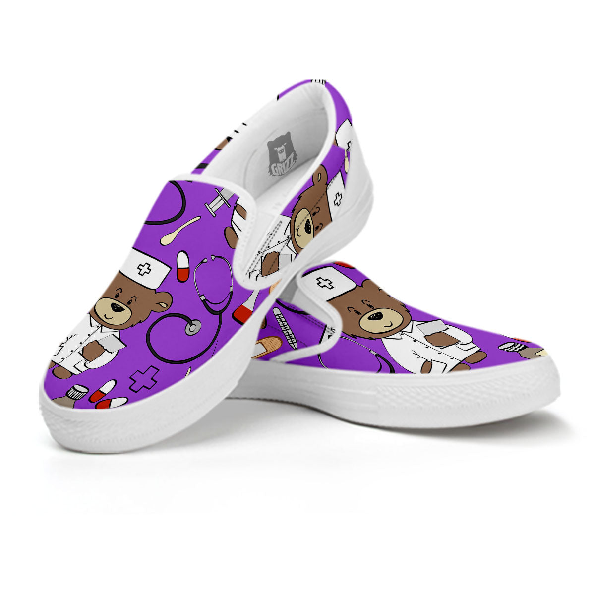 Violet Teddy Bear Nurse White Slip On Shoes-grizzshop