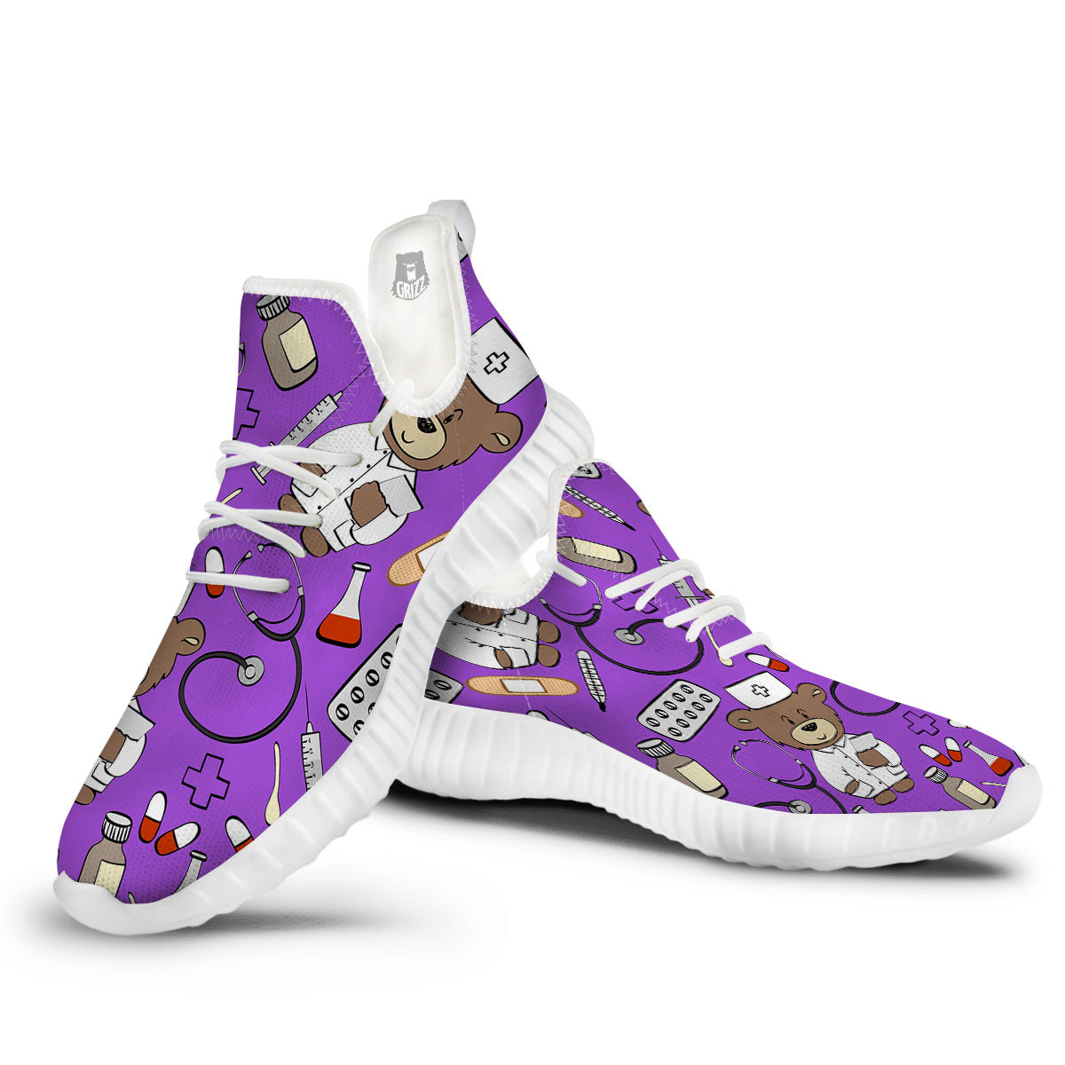 Violet Teddy Bear Nurse White Walking Shoes-grizzshop