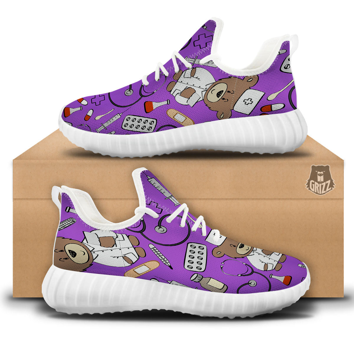 Violet Teddy Bear Nurse White Walking Shoes-grizzshop