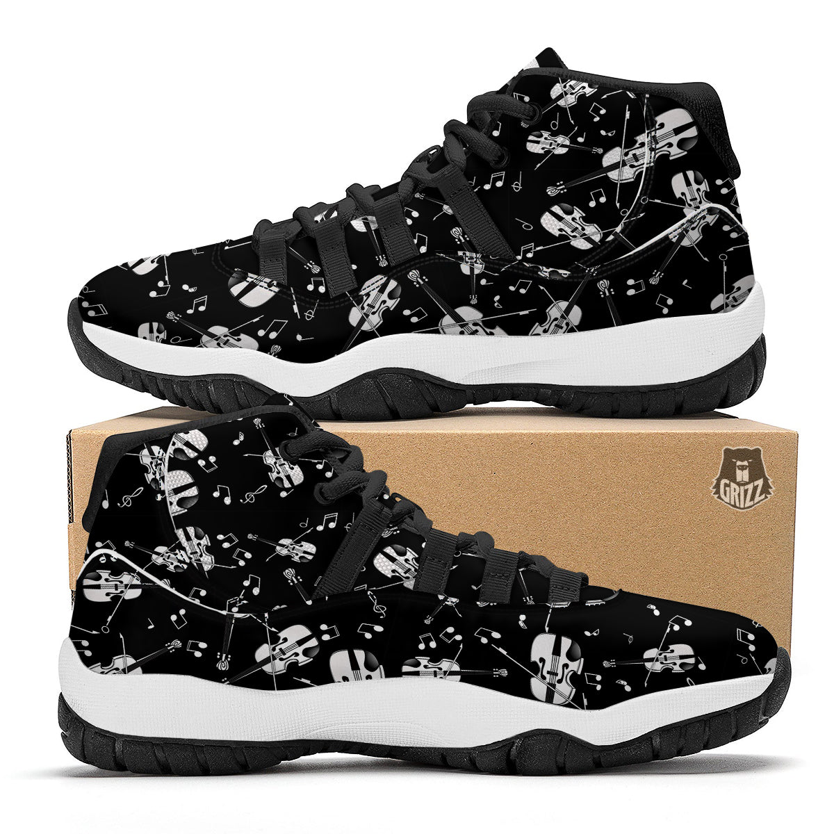 Violin Pattern Print Black Bball Shoes-grizzshop