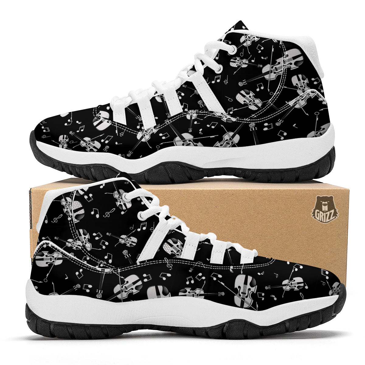 Violin Pattern Print White Bball Shoes-grizzshop