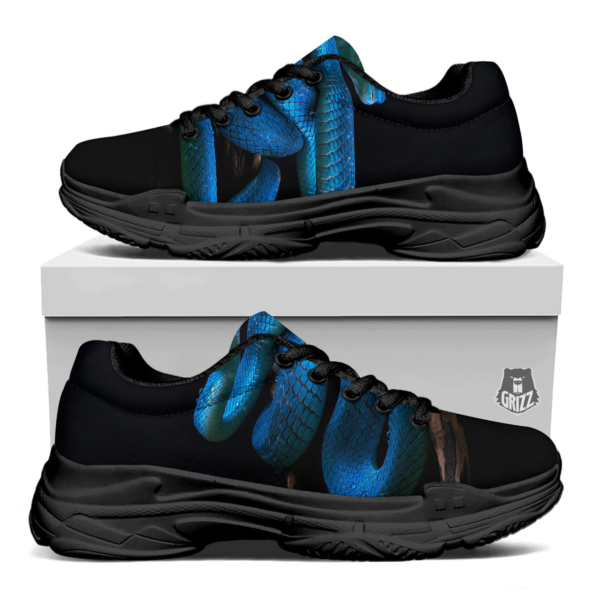 Viper Snake Blue Pit Print Black Chunky Shoes-grizzshop