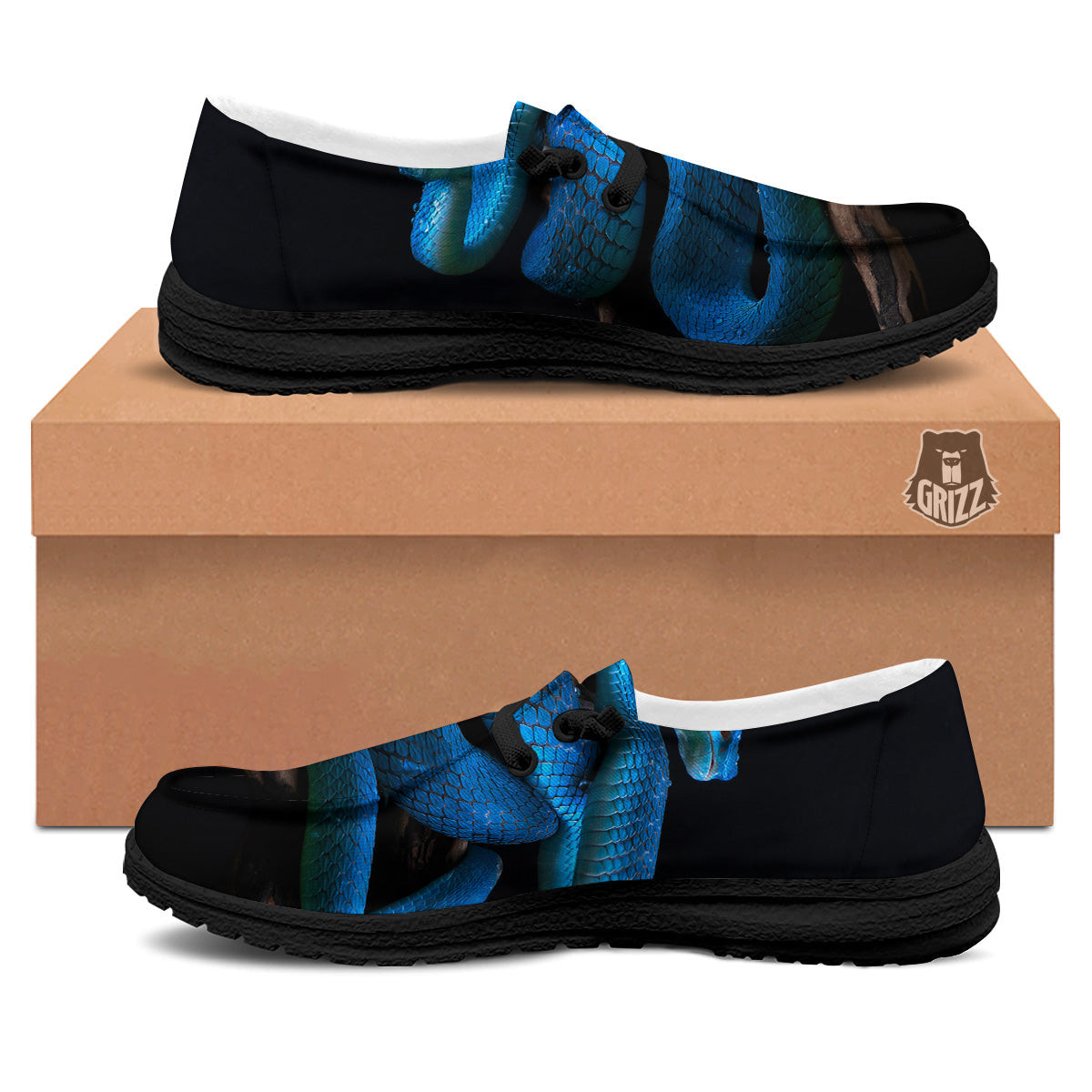 Viper Snake Blue Pit Print Black Loafers-grizzshop