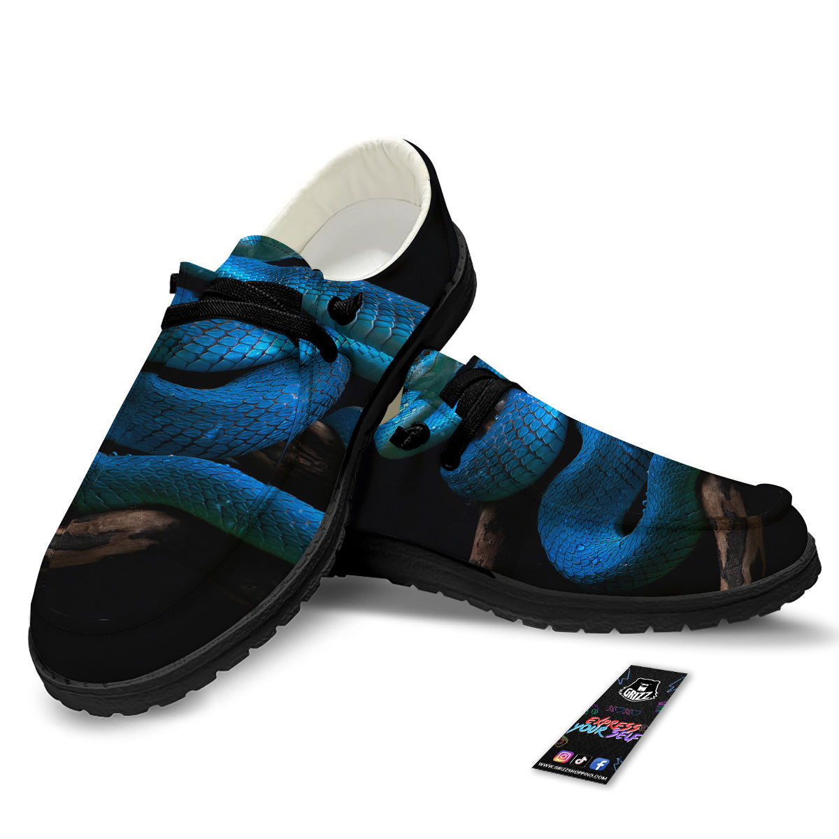 Viper Snake Blue Pit Print Black Loafers-grizzshop