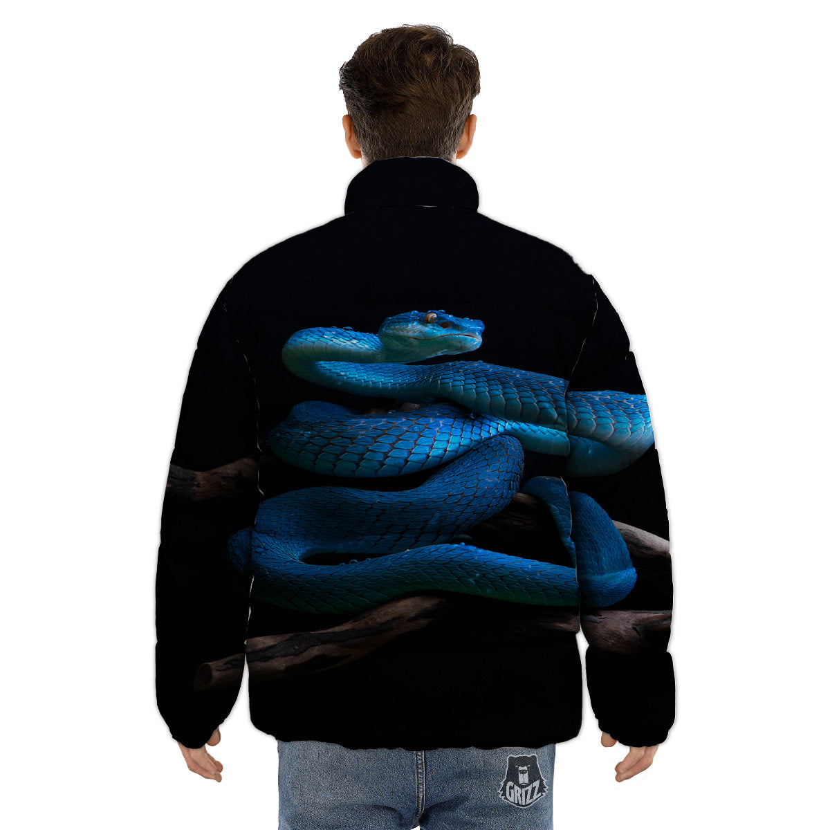 Viper Snake Blue Pit Print Puffer Jacket-grizzshop