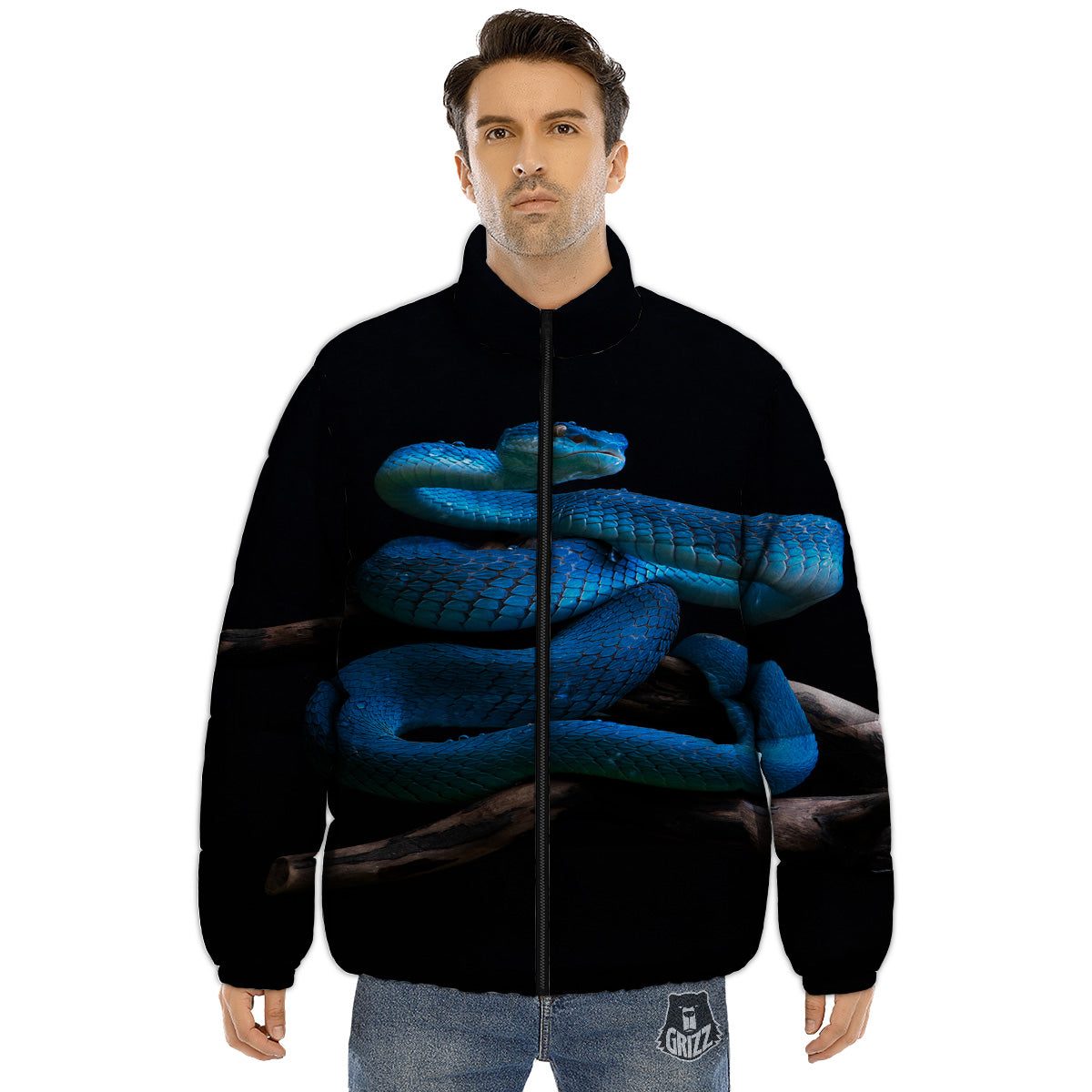 Viper Snake Blue Pit Print Puffer Jacket-grizzshop