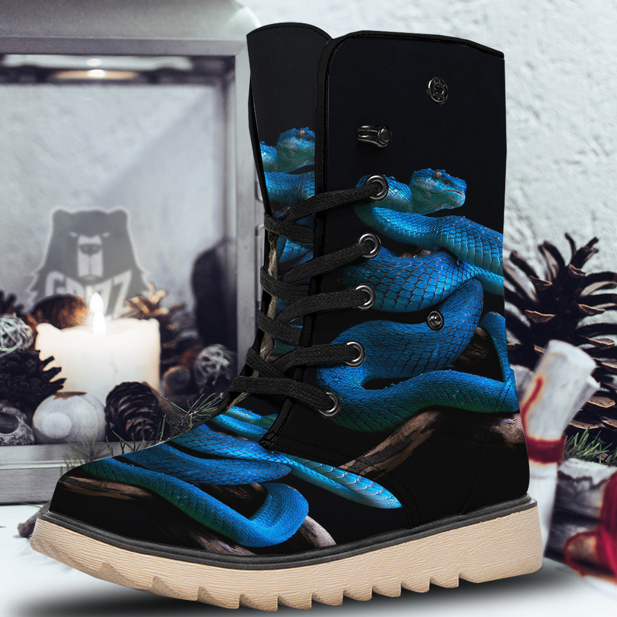 Viper Snake Blue Pit Print Snow Boots-grizzshop